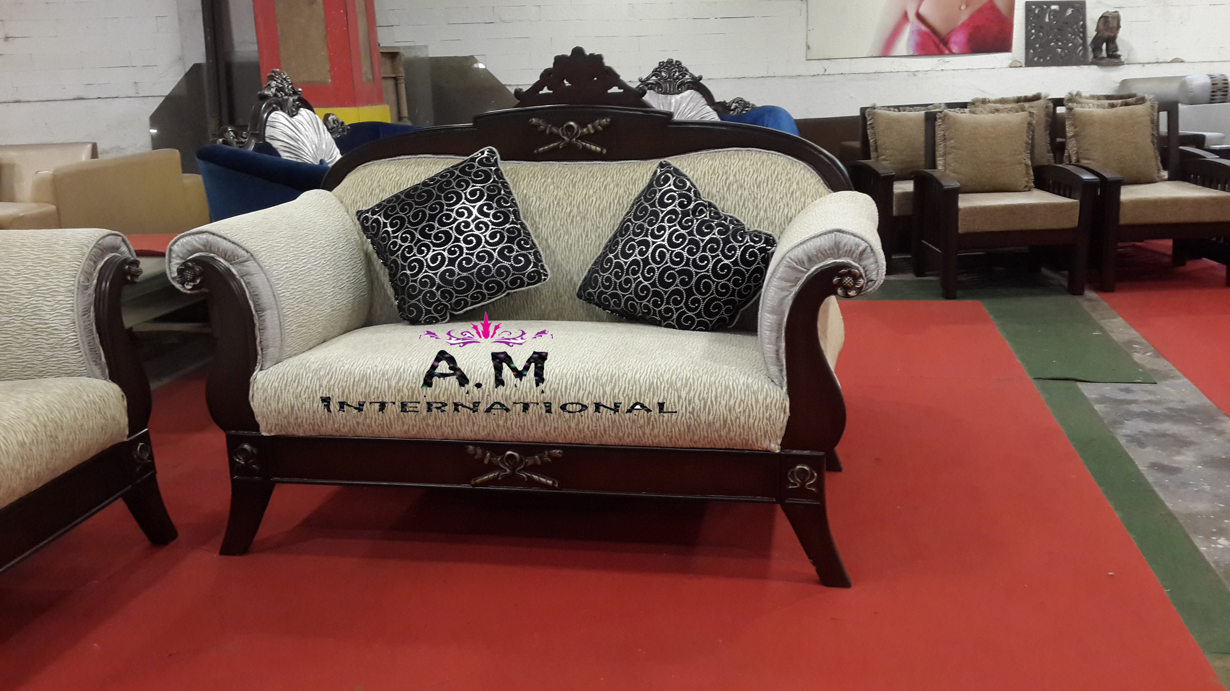 Wood Sofa Set - Solid Teak Wood, 7 Seater With Floral Hand Carving | Eco-friendly, No Assembly Required, Elegant Walnut Finish, Made To Order Design