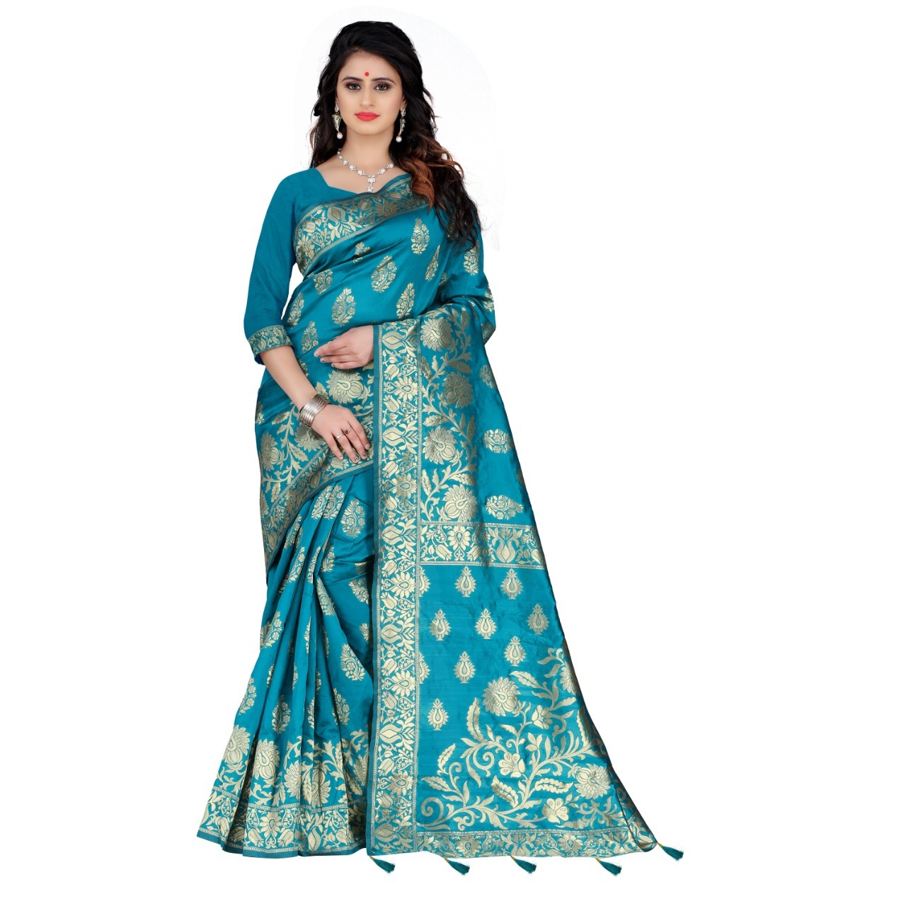 Banarasi Jacquard Silk Saree - 6.3 Mtr Length, 0.8 Mtr Blouse | All-season, Latkan Finish, Exquisite Thread Work