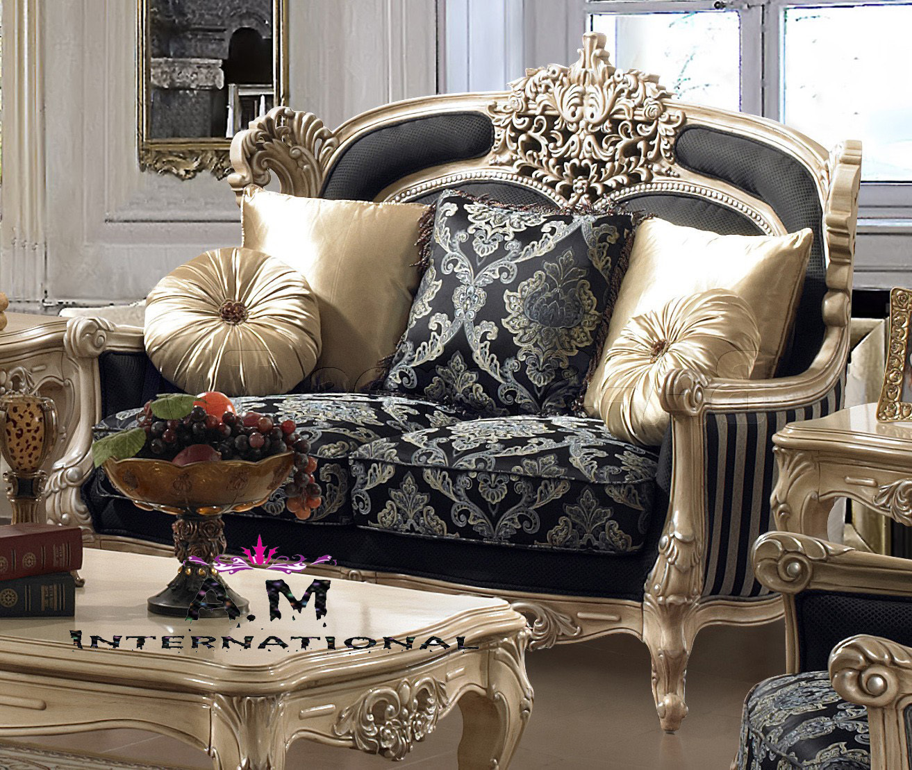 Hand-carved Teak Wood Sofa Set - 7 Seater With Glossy Gold Finish | Pre-assembled, Eco-friendly, Elegant Indoor Living Room Furniture