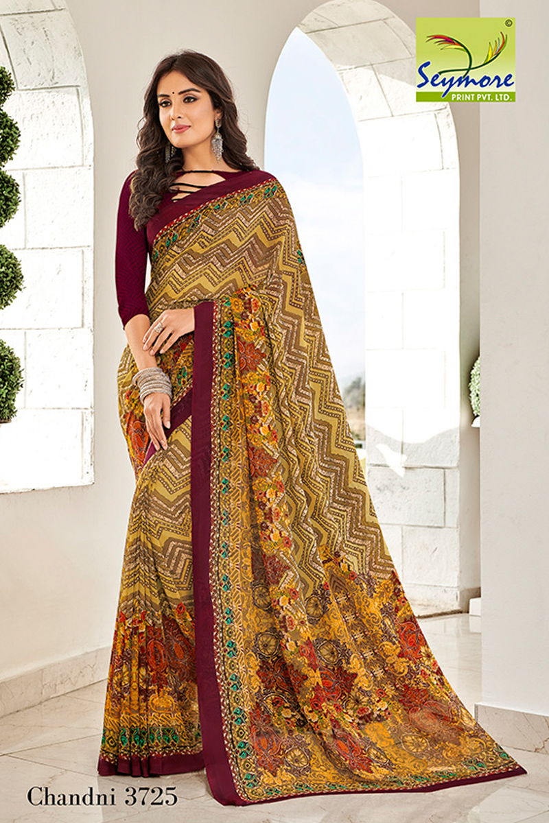 Brown Georgette Saree In Floral Print