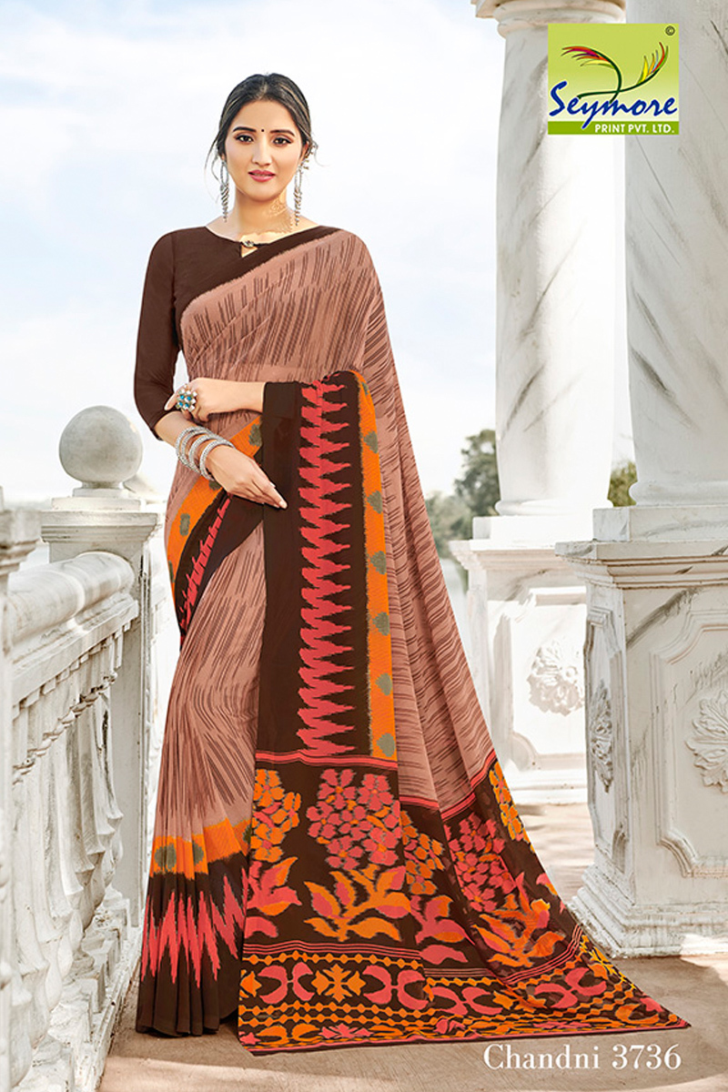 Peach Ladies Georgette Printed Saree