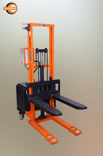 Semi Electric Hydraulic Stacker - New Electric Power Source Orange Color | Ideal For Industrial Usage