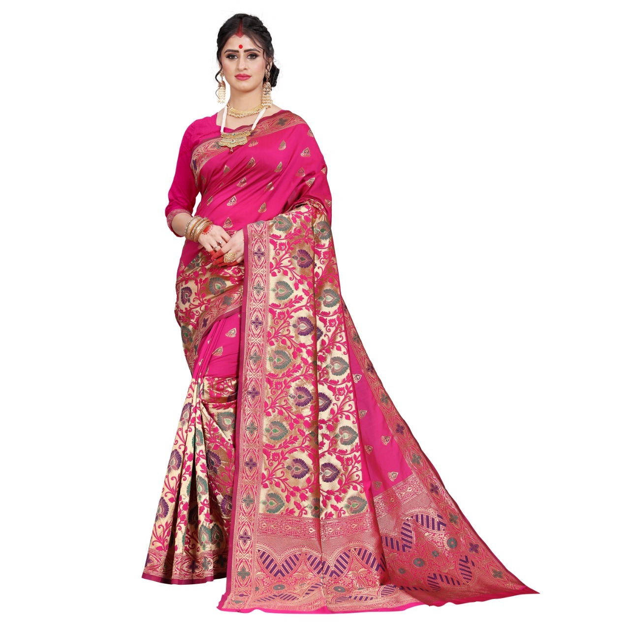 Banarasi Silk Saree - 6.3 Mtr Length, 0.8 Mtr Blouse | All-season, Exquisite Thread Work Design
