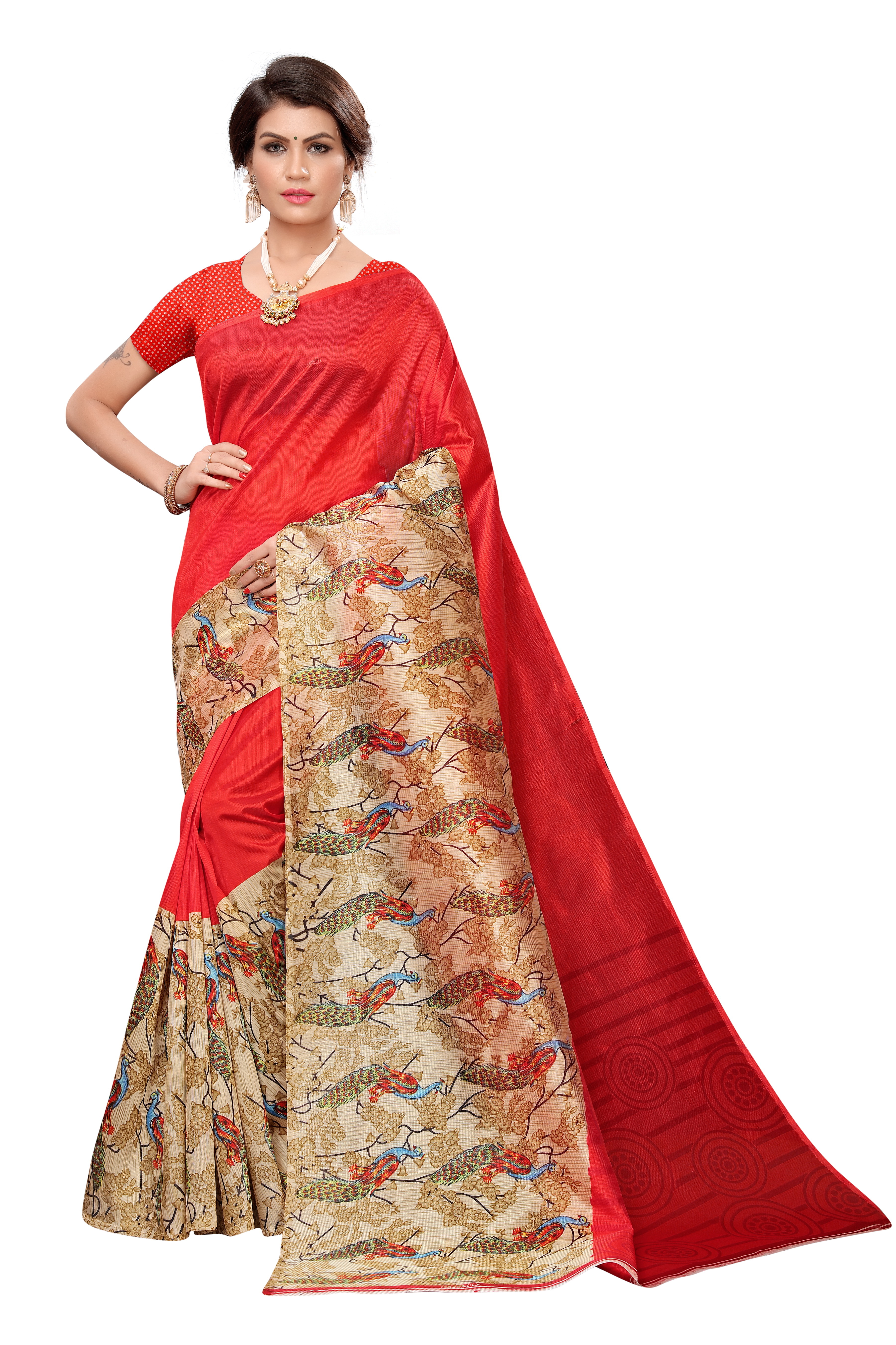 Peacock Printed Saree - Khadi Silk Material, 6 Mtr Length Including Unstitched Blouse, Multi Colour Design | Lightweight, Soft Comfort, Hand Washable