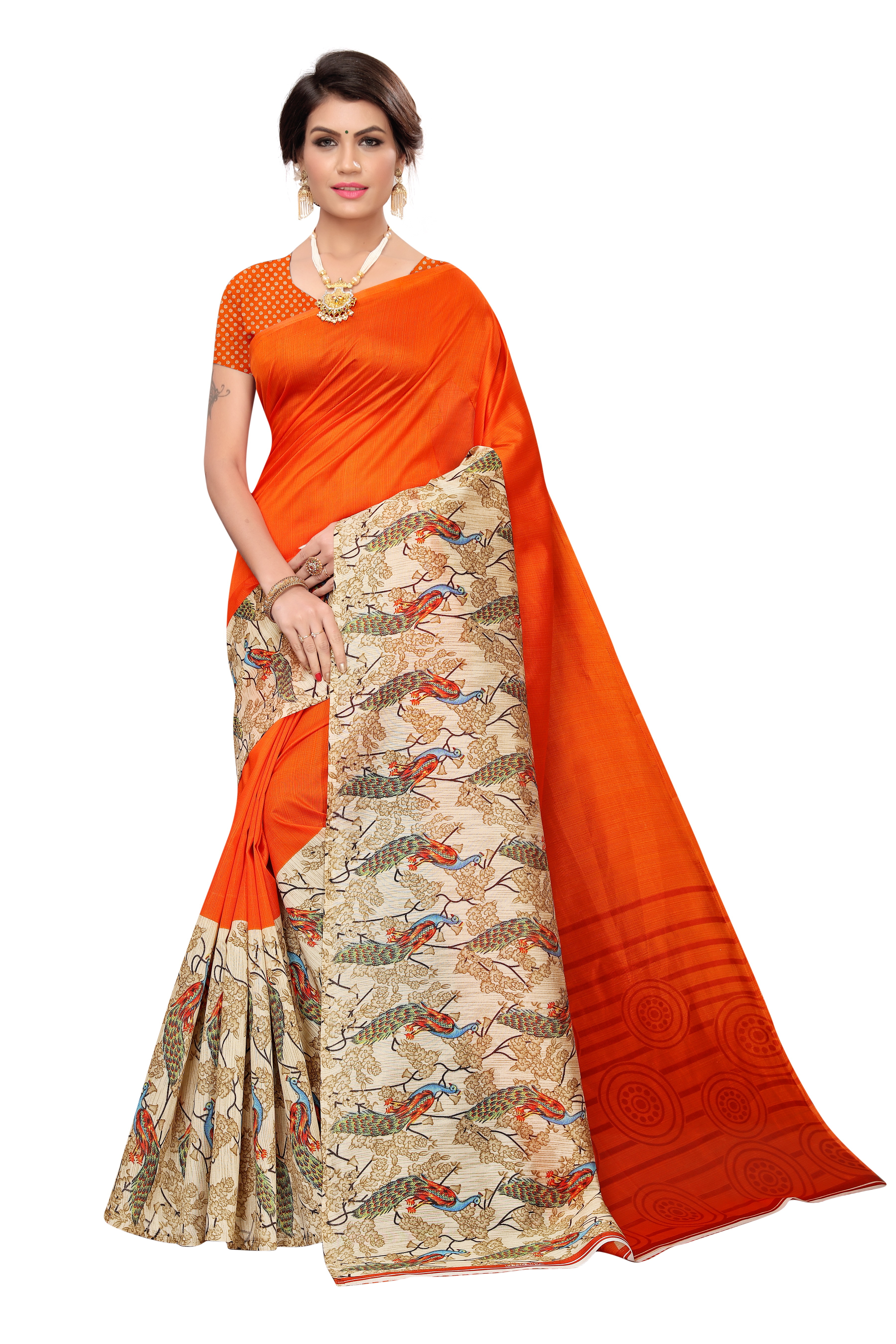 Peacock Printed Saree - Khadi Silk Material, 6 Mtr Length Including Unstitched Blouse, Multi Colour Design | Lightweight, Soft Comfort, Hand Washable