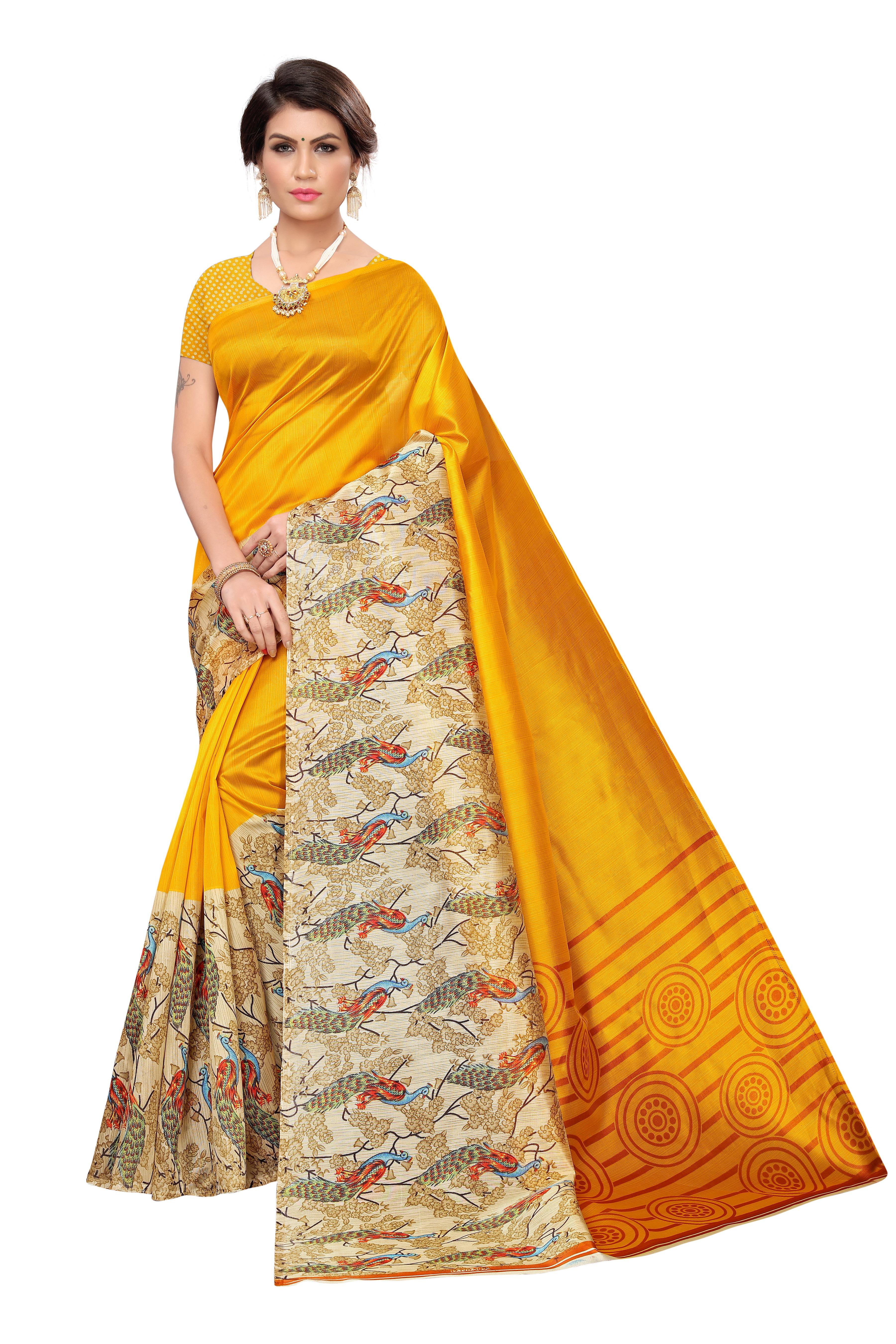 Peacock Printed Saree - Khadi Silk Material, 6 Mtr Length Including Unstitched Blouse, Multi Colour Design | Lightweight, Soft Comfort, Hand Washable