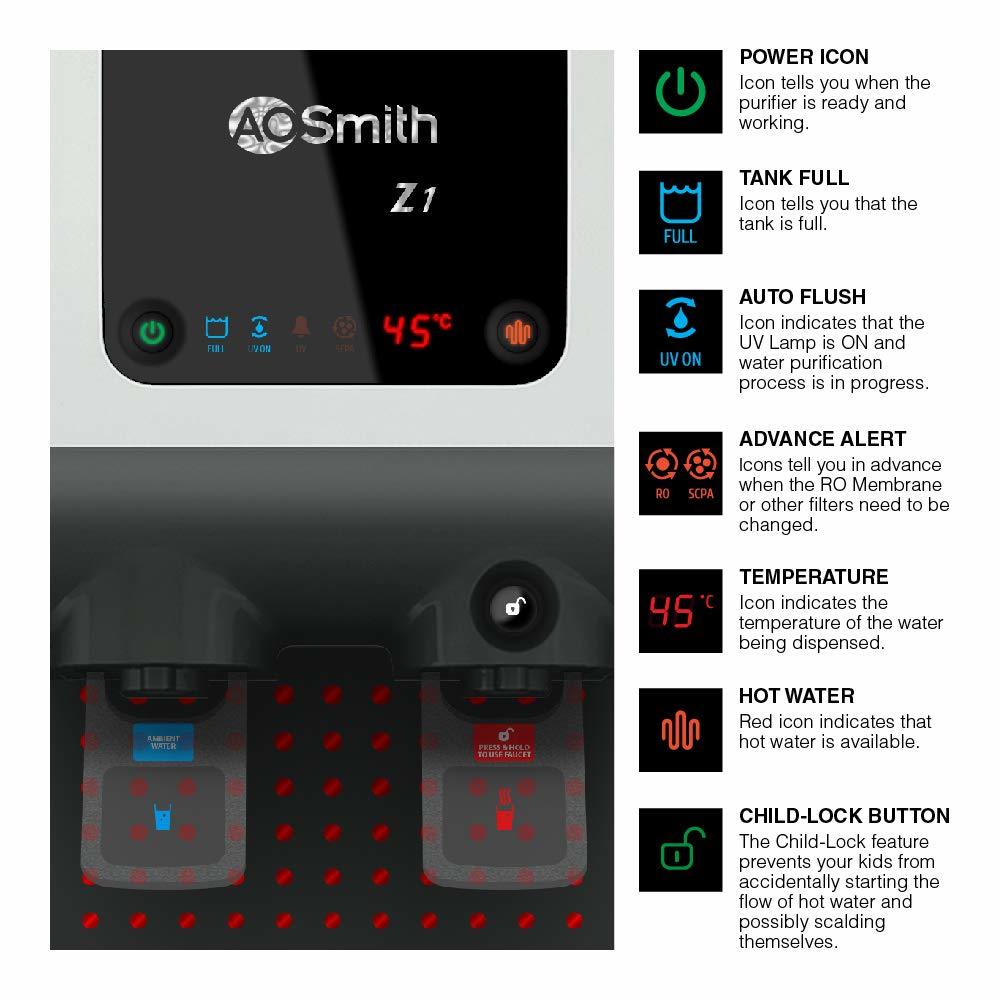 A.o.smith Z1 Hot Uv 10 Litre Wall Mountable Table Top Uv Black 10 Litre Water Purifier