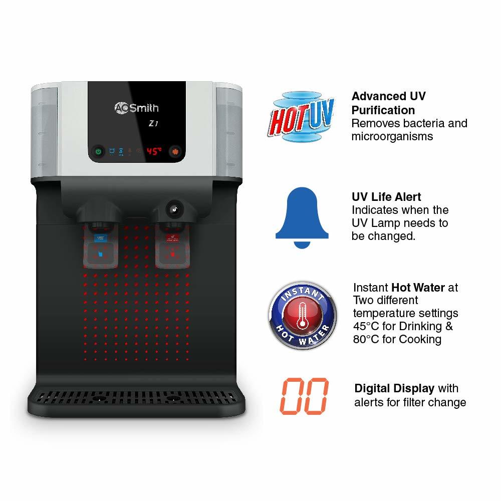 A.o.smith Z1 Hot Uv 10 Litre Wall Mountable Table Top Uv Black 10 Litre Water Purifier