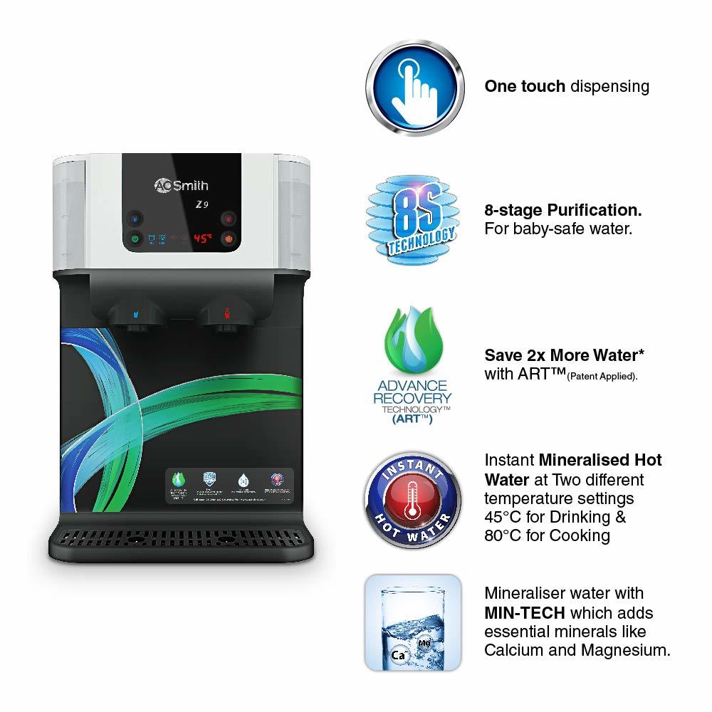 Ao Smith Z9 Green Ro 10 Litre Wall Mountable , Table Top Ro+scmt Black 10litre Water Purifier