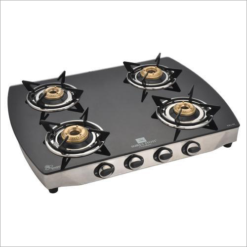 Glass Top 4 Burner LPG Stove - 8 MM Toughened Glass, Stainless Steel & Brass Ignition Burners, Iron Stand for Pans, Ultra-Modern Design