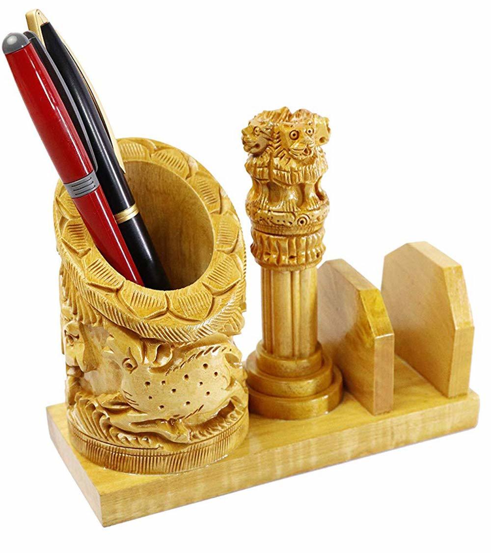 Wood Wooden Pen Stand With Ashok Stambha And Card Holder