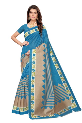 Fancy Flower Print Khadi Silk Saree - Khadi Silk, 6 Mtr Length with Unstitched Blouse, Multi Colour | Light Weight, Hand Washable, Comfortable for All Seasons