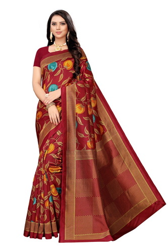 New Designer Kalamkari Silk Saree - 6 Meter Printed Light Weight Art Silk , Multicolor Pattern, Style: Banarsi, Suitable for All Seasons