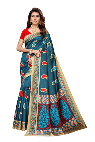 Bollywood Designer Printed Saree - Khadi Silk, 6 Mtr Length Including Blouse, Multi Colour, Unstitched Blouse, Soft Border Finish, Lightweight, Comfortable