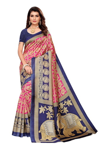 Kalamkari Big Border Printed Saree - Cotton Silk, 6 Meter Length with Blouse Piece, Multicolor, Stylish Banarsi Pattern for All Seasons