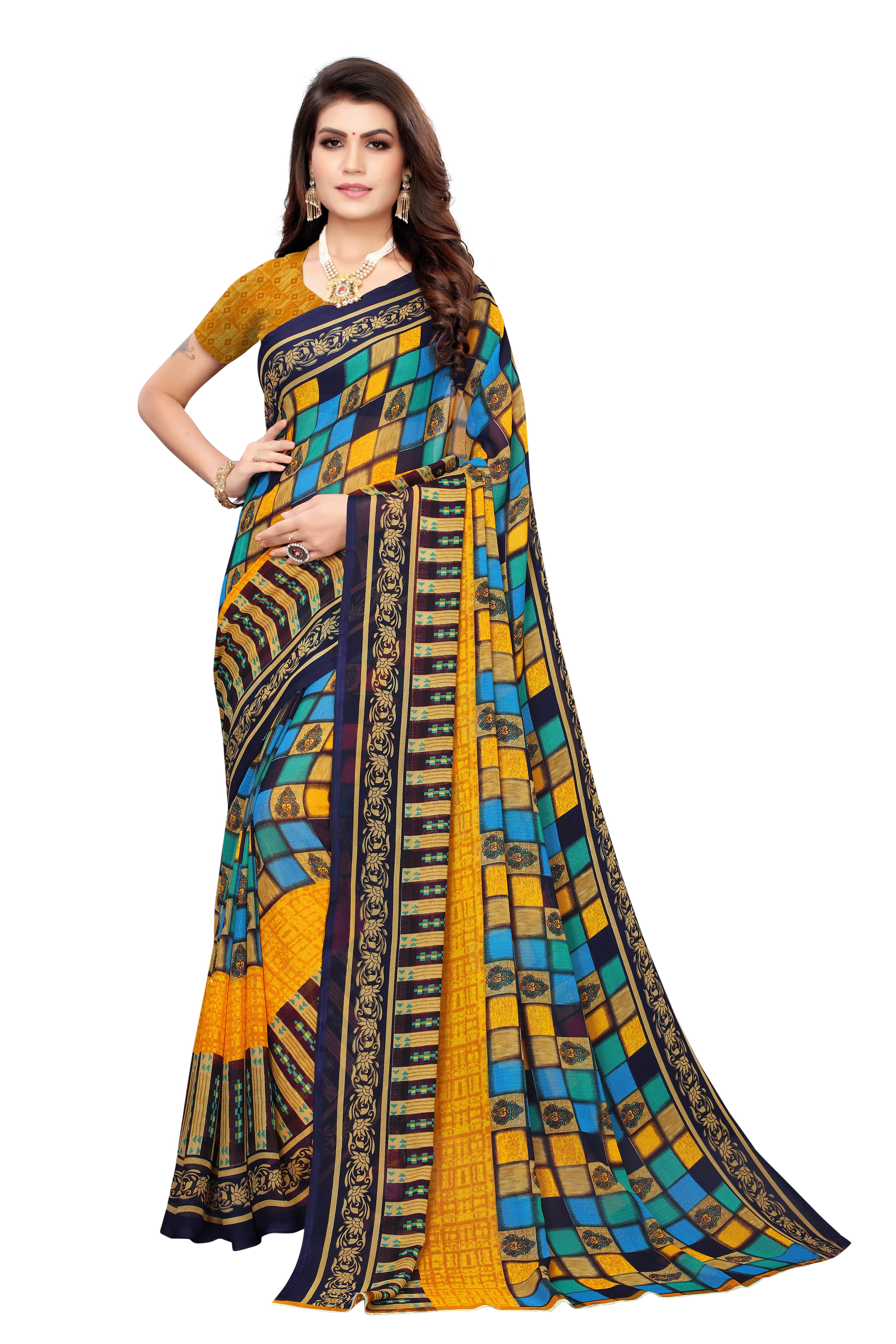 Gerorget Cotton Saree With Attached Blouse - Printed, 6 Meter Length With Blouse, Art Silk Material, Suitable For All Seasons, Multi-color Options