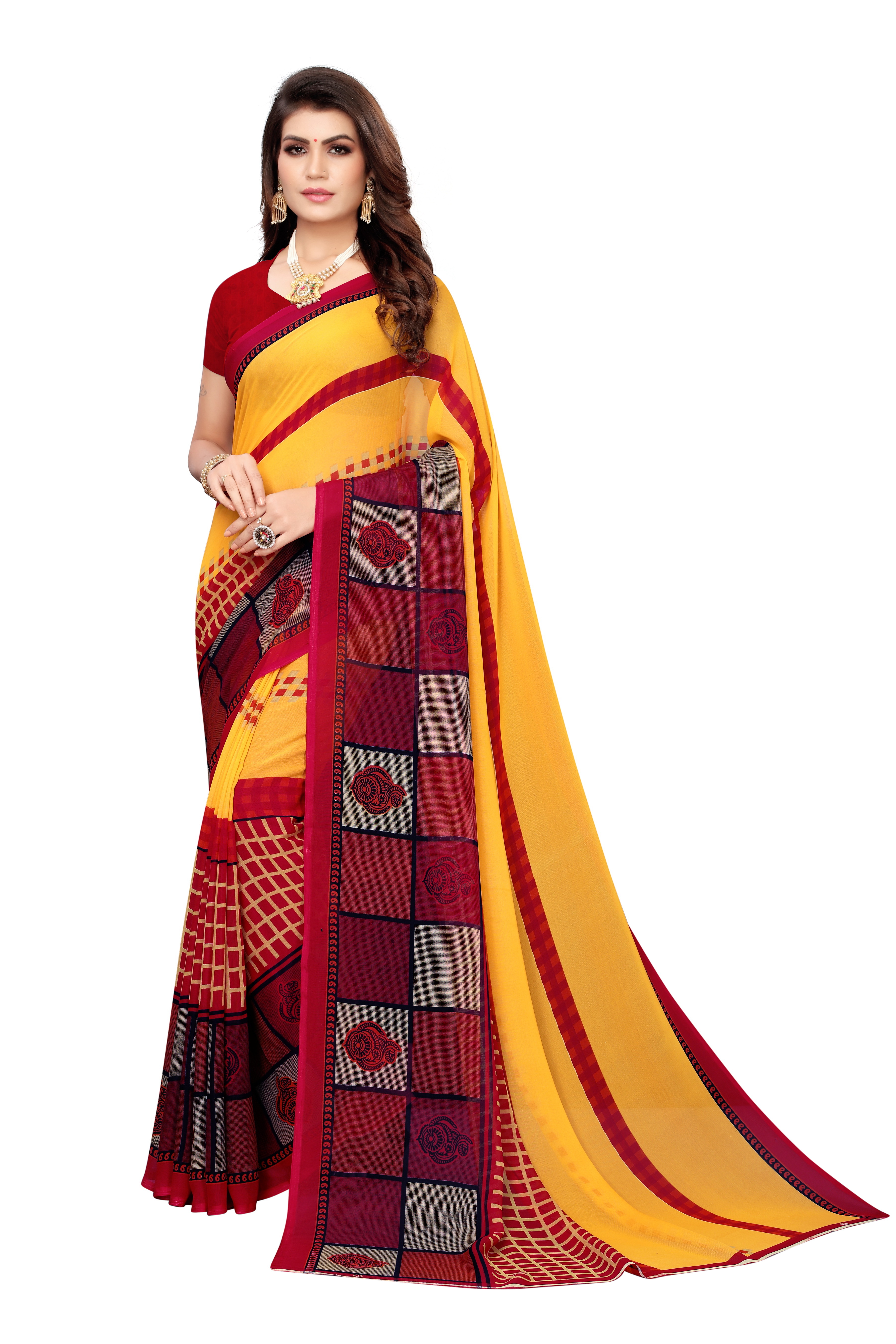 Gerorget Cotton Saree With Attached Blouse - Printed, 6 Meter Length With Blouse, Art Silk Material, Suitable For All Seasons, Multi-color Options