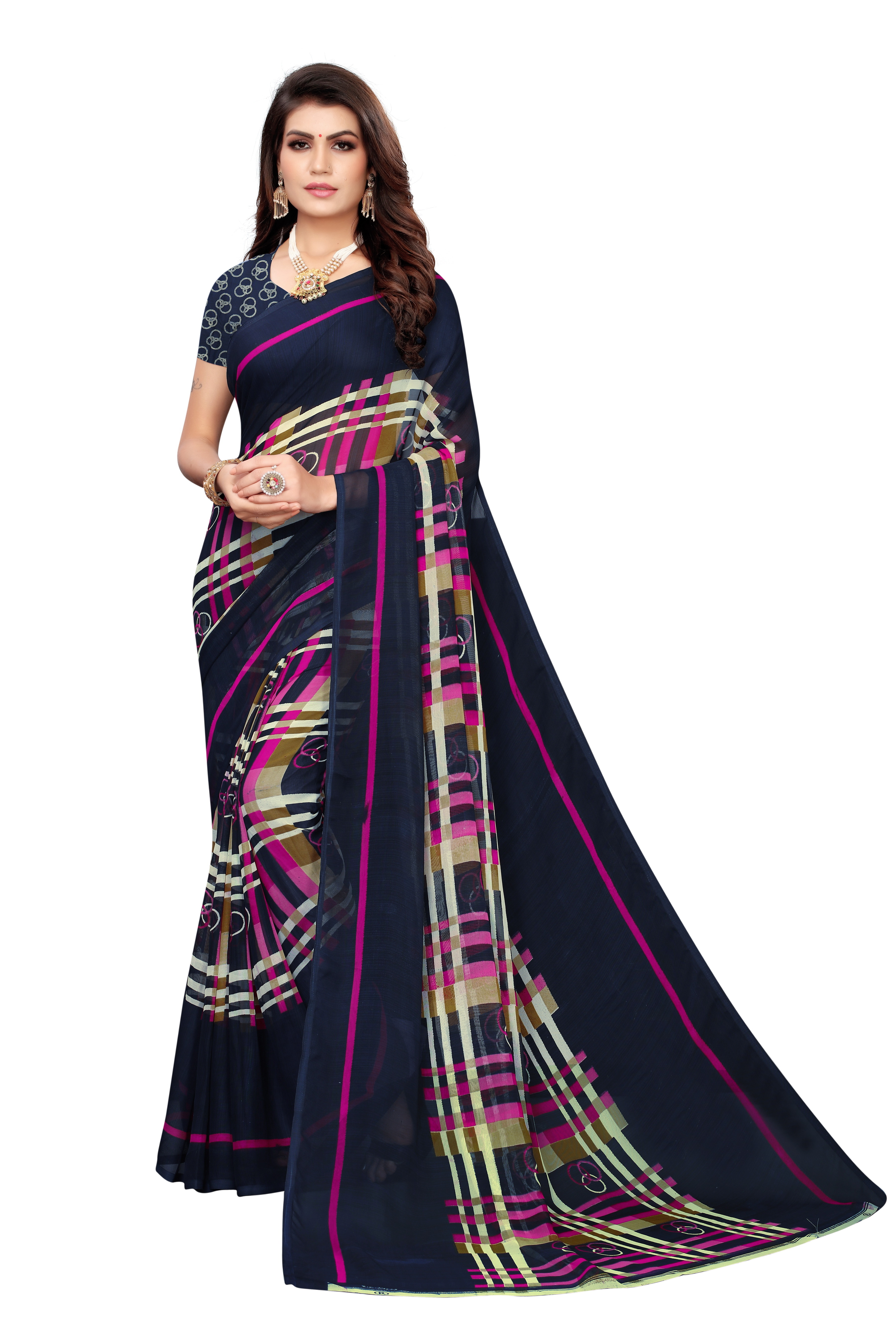 Gerorget Cotton Saree With Attached Blouse - Printed, 6 Meter Length With Blouse, Art Silk Material, Suitable For All Seasons, Multi-color Options