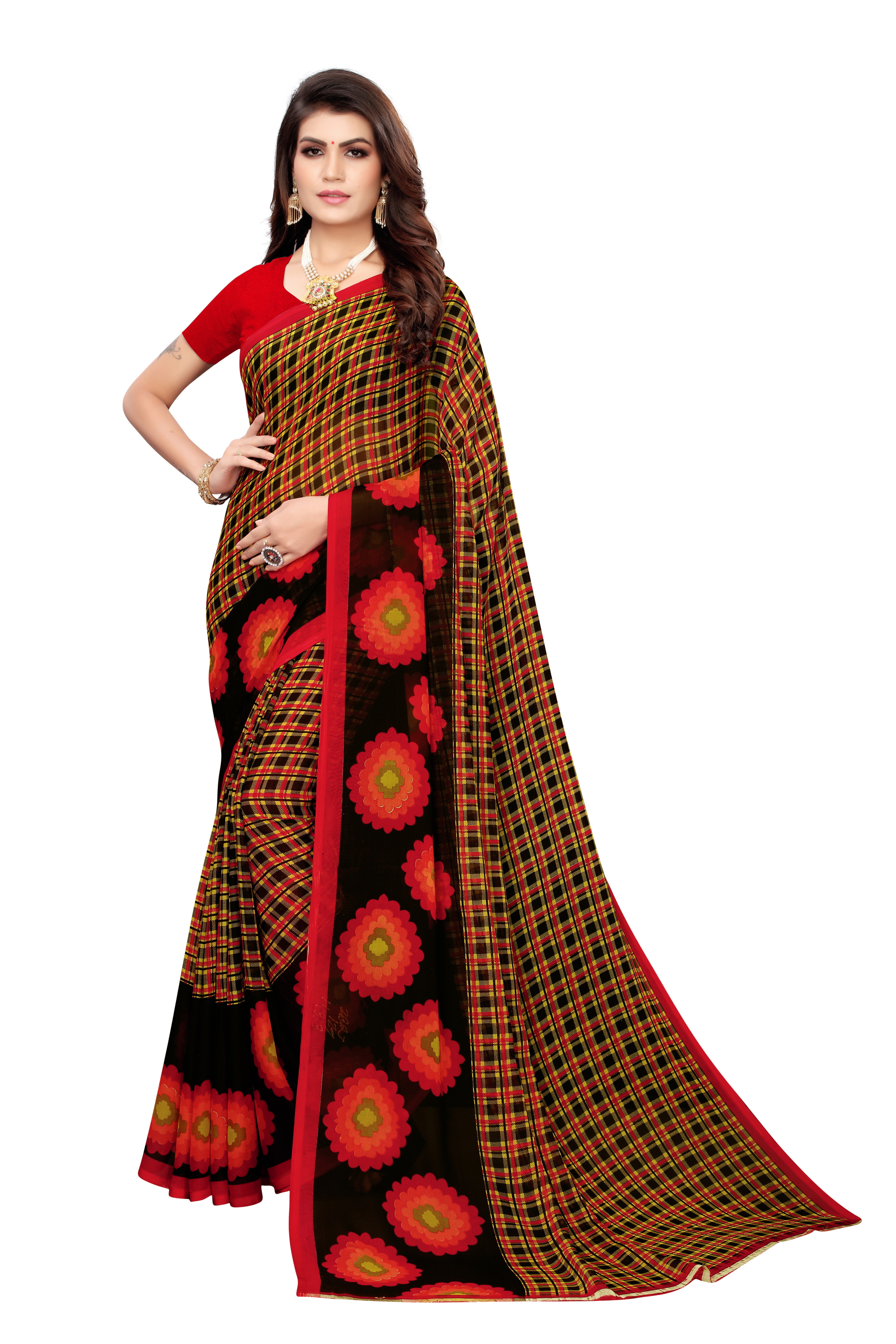 Gerorget Cotton Saree With Attached Blouse - Printed, 6 Meter Length With Blouse, Art Silk Material, Suitable For All Seasons, Multi-color Options