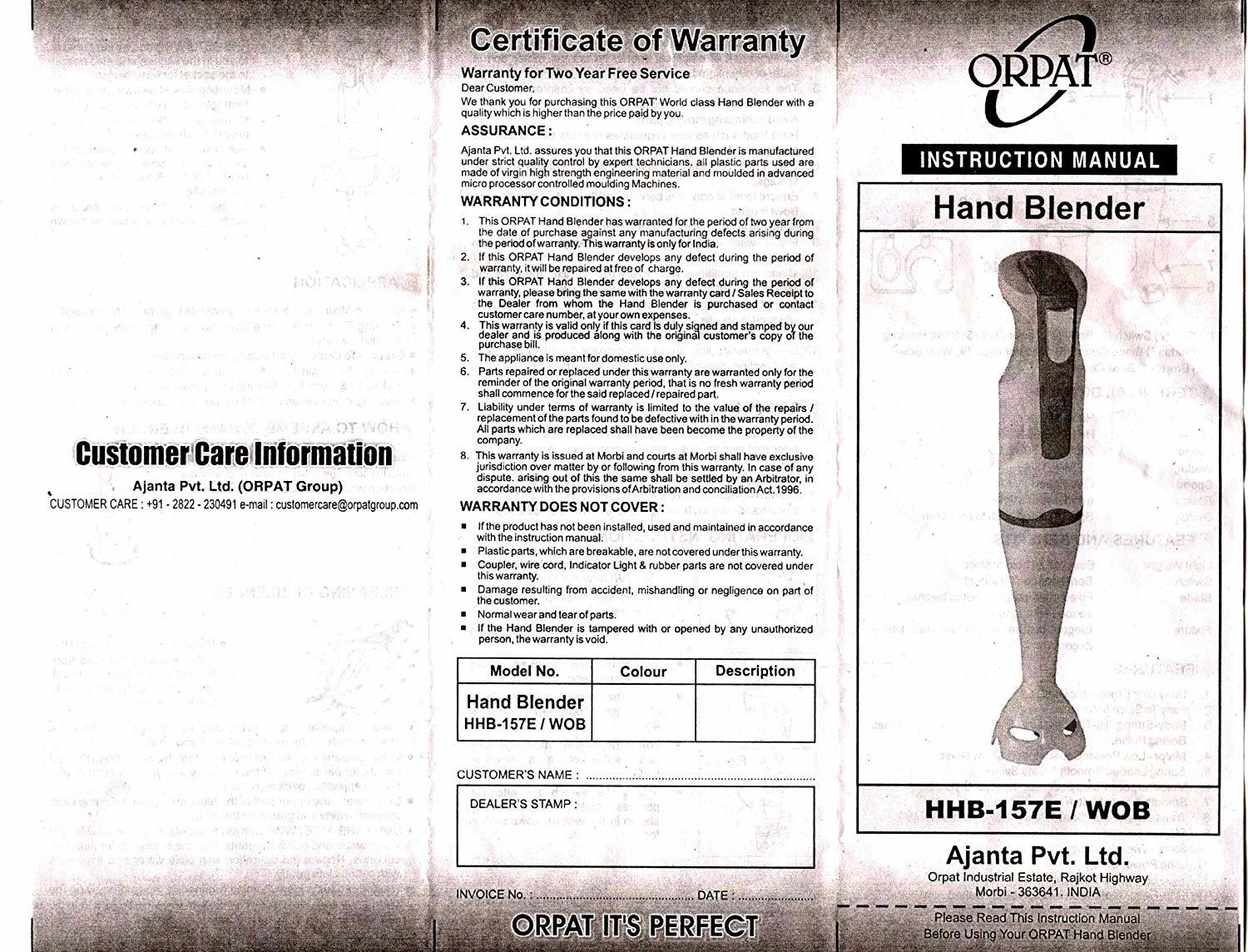 Orpat Hhb-157e Wob 250-watt Hand Blender (Black-r)