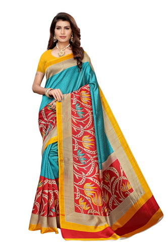 Big Border Design Kalamkari Silk Saree - 6 Meters With Blouse, Multicolor Cotton Silk, Printed Banarsi Pattern for All Seasons