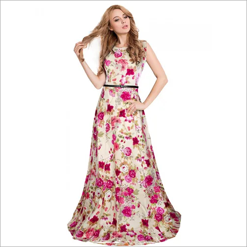 Western Dress - Banglory Satin Silk, M/XL Size, 58 Inch Length, 3.33 Mtr Flare, Short Sleeves | Modern, Washable, Printed Pattern