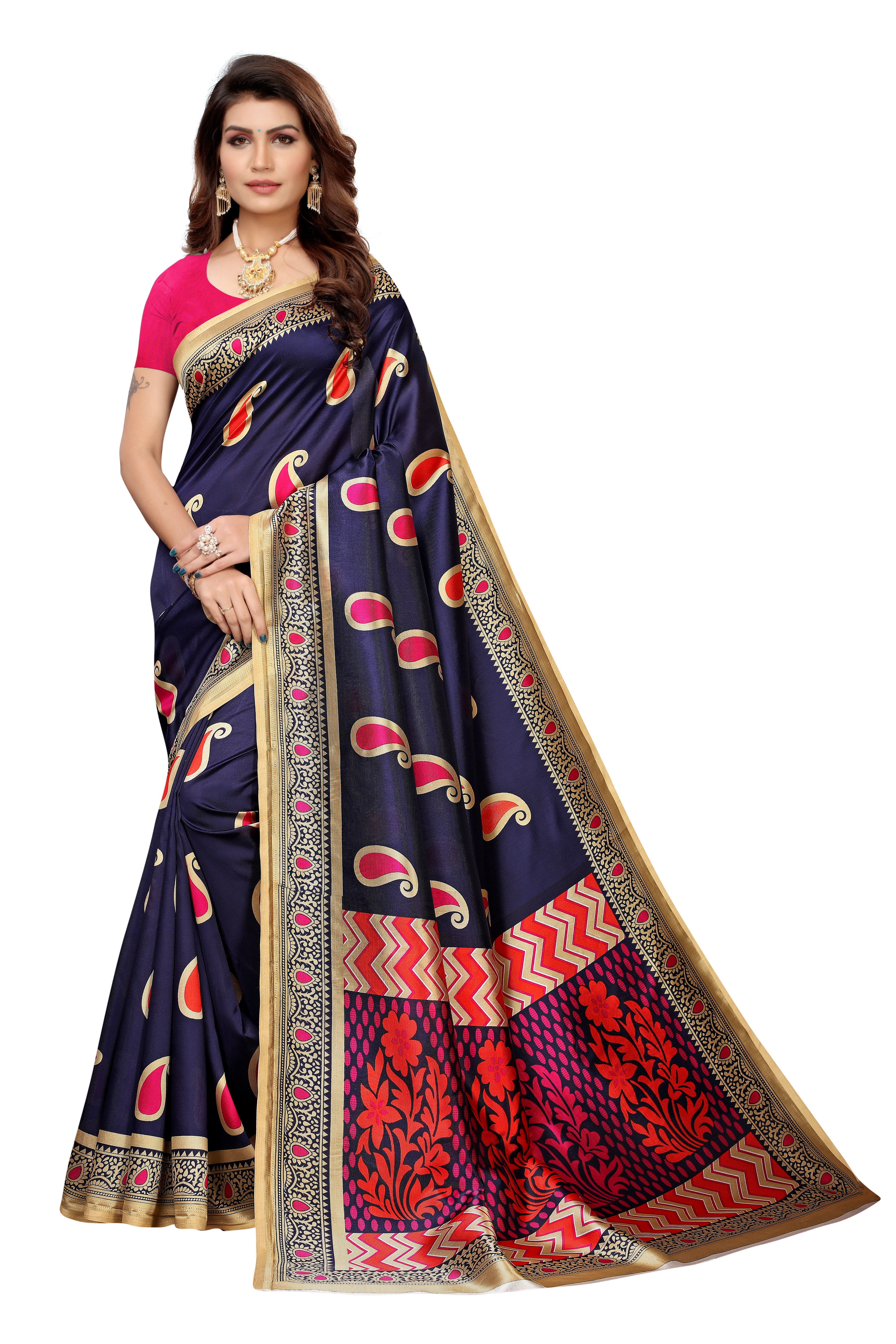 New Design Bollywood Style Kalamkari Saree - Kalamkari Mysore Silk, 6 Meter Length With Blouse, Multicolor, Printed Pattern, Banarsi Style