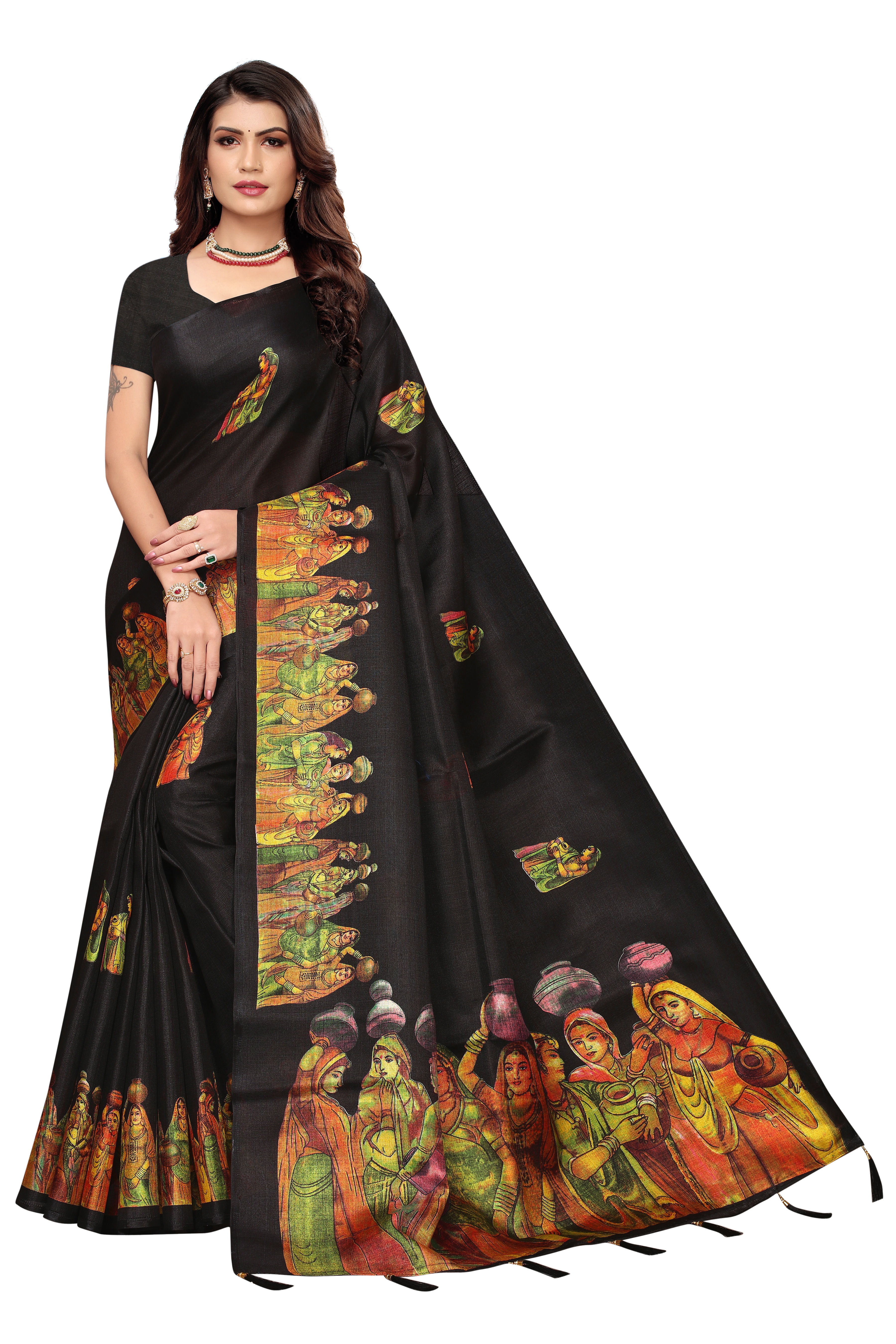 Khadi Silk Printed Latkan Saree - Unique Kalamkari Design | Multicolor, Premium Quality Silk, Suitable For All Seasons
