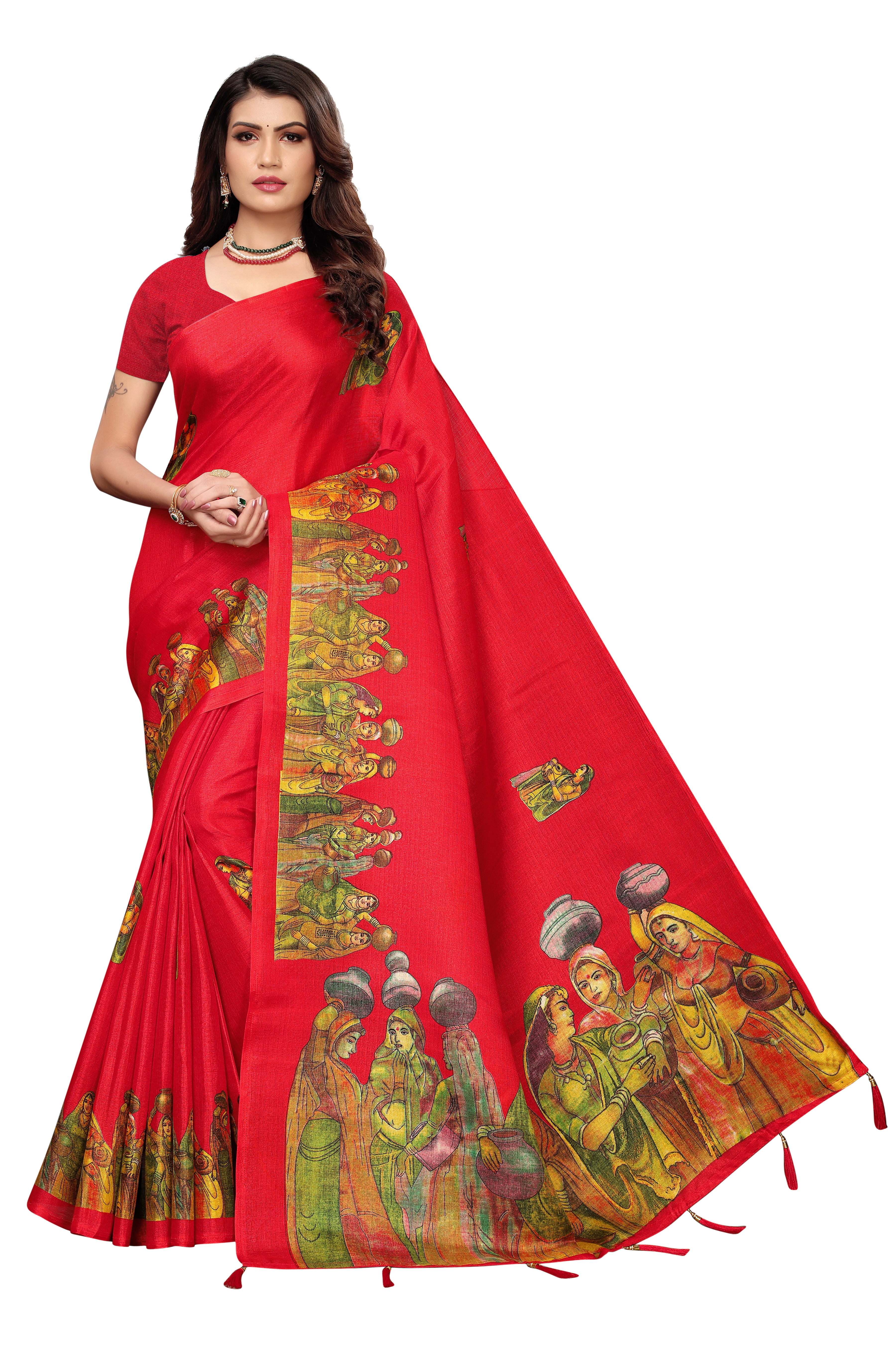 Khadi Silk Printed Latkan Saree - Unique Kalamkari Design | Multicolor, Premium Quality Silk, Suitable For All Seasons