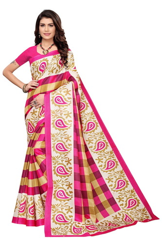 New Checks Print Mysore Kalamkari Silk Saree - Cotton Silk, 6 Meter Length With Blouse, Multicolor, Printed Pattern, Suitable for All Seasons - Banarsi Style