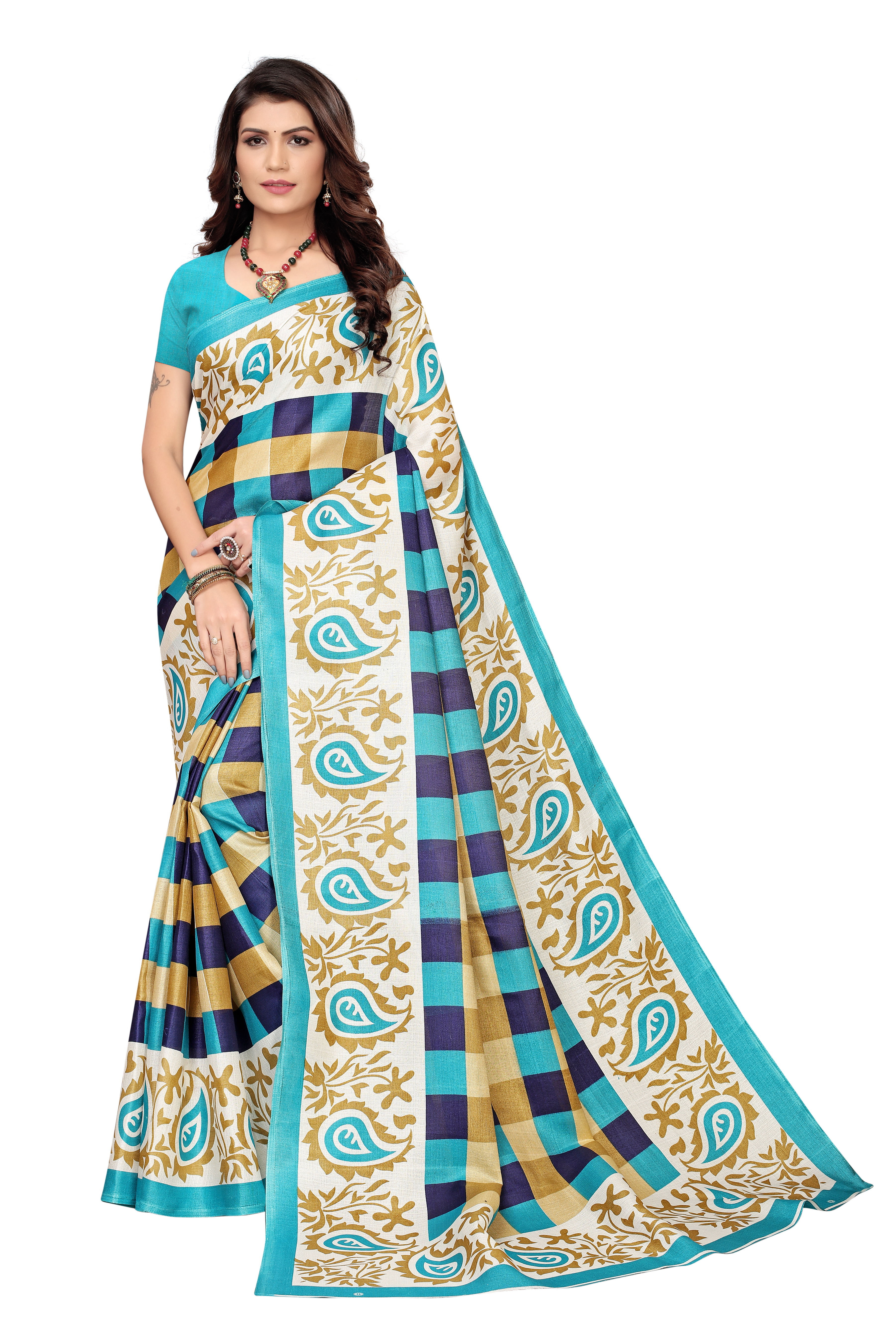 New Checks Print Mysore Kalamkari Silk Saree - Cotton Silk, 6 Meter Length With Blouse, Multicolor, Printed Pattern, Suitable For All Seasons - Banarsi Style