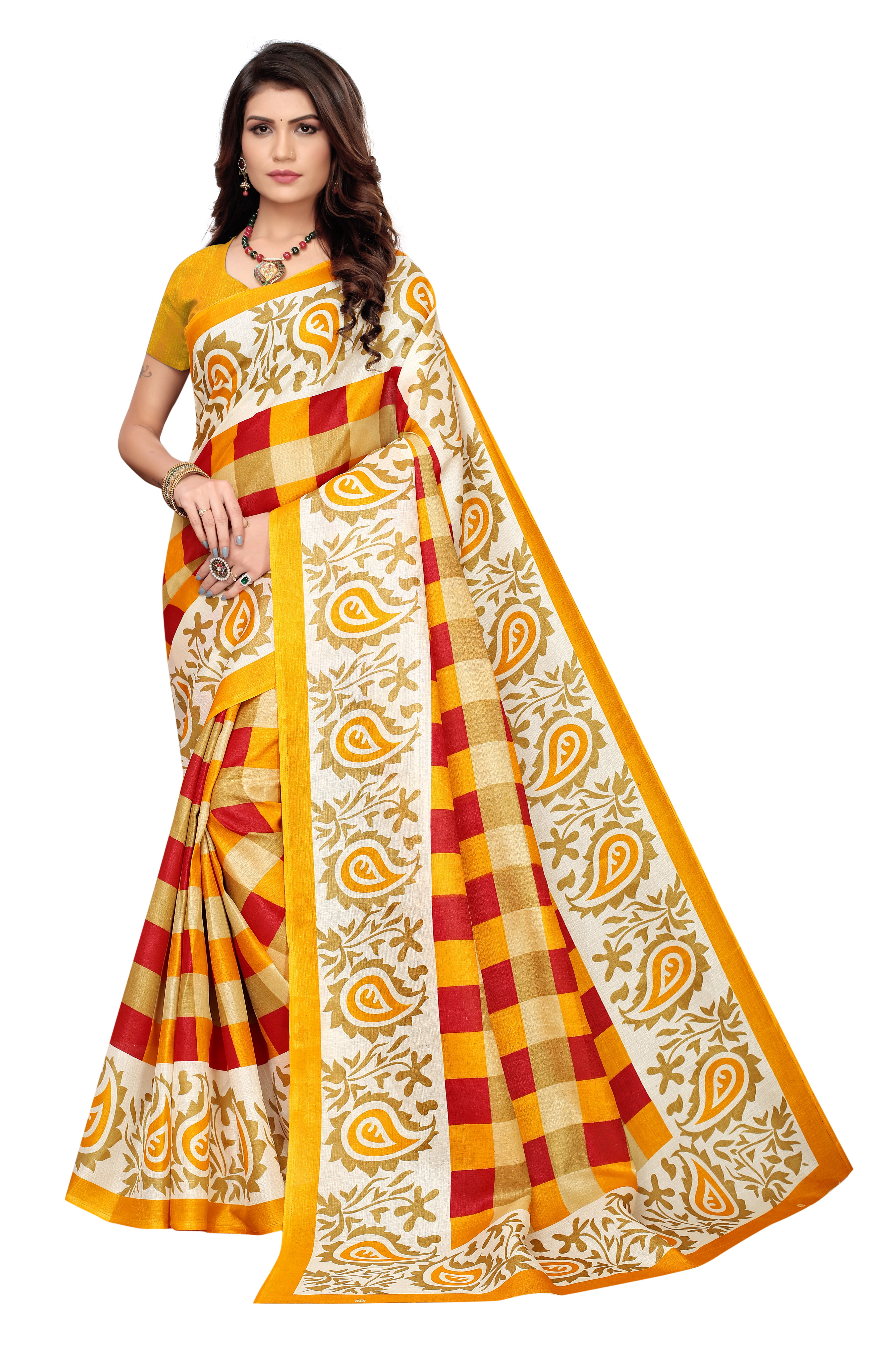 New Checks Print Mysore Kalamkari Silk Saree - Cotton Silk, 6 Meter Length With Blouse, Multicolor, Printed Pattern, Suitable For All Seasons - Banarsi Style
