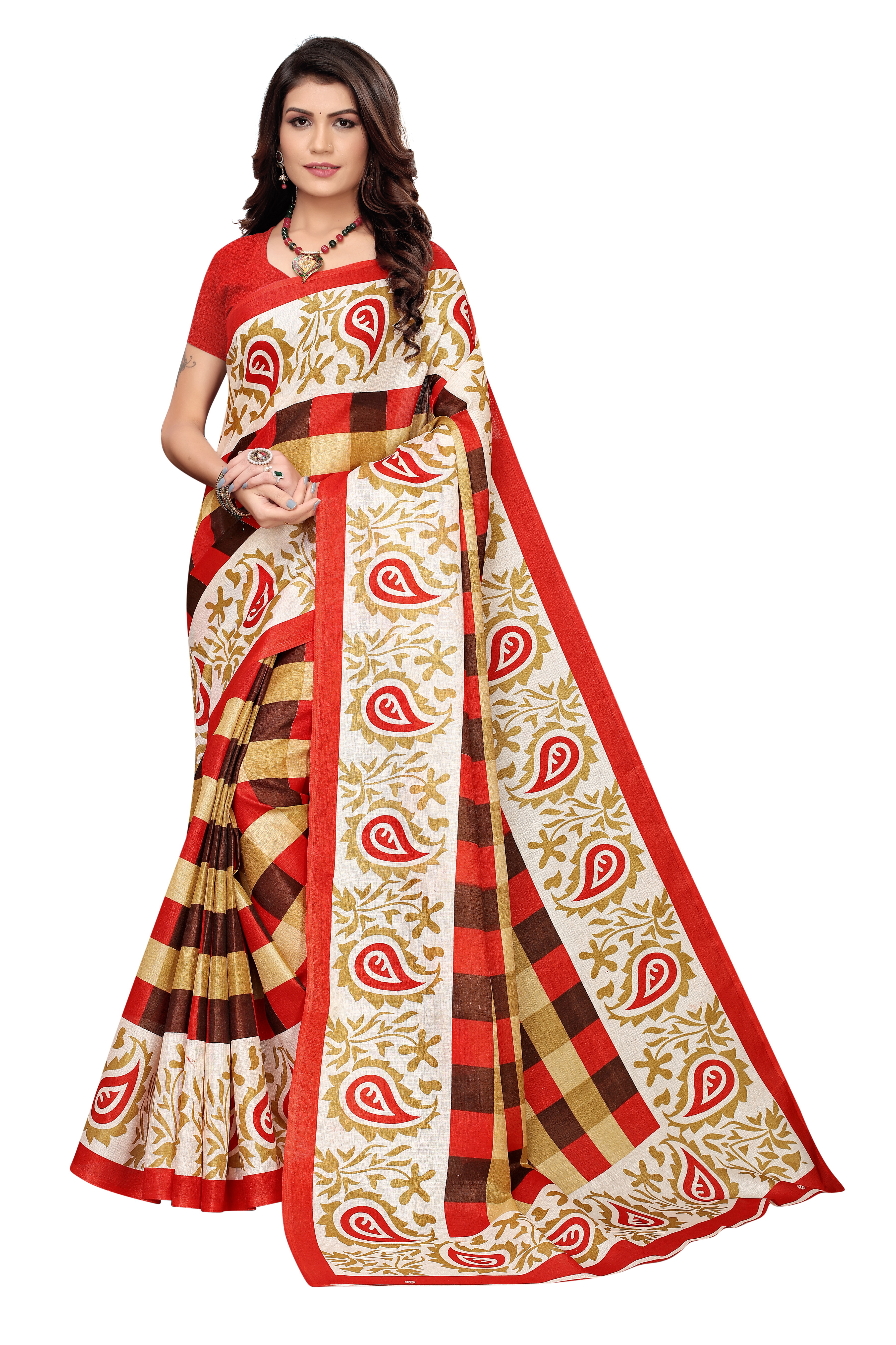 New Checks Print Mysore Kalamkari Silk Saree - Cotton Silk, 6 Meter Length With Blouse, Multicolor, Printed Pattern, Suitable For All Seasons - Banarsi Style