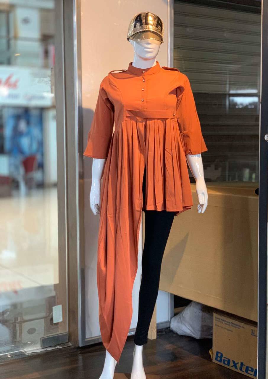 Imported Premium Stretchable Milestone Fabric - 24 Inch Left, 58 Inch Right Length | Symmetrical One Side Long Pleated Top With Diamond Button, Cool Pass, Quick Dry, 3-4th Sleeve Style
