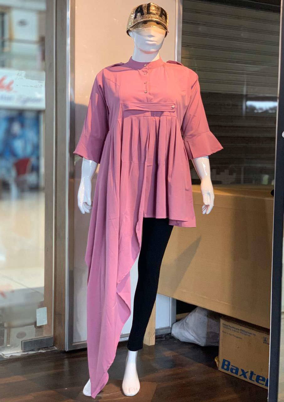 Imported Premium Stretchable Milestone Fabric - 24 Inch Left, 58 Inch Right Length | Symmetrical One Side Long Pleated Top With Diamond Button, Cool Pass, Quick Dry, 3-4th Sleeve Style