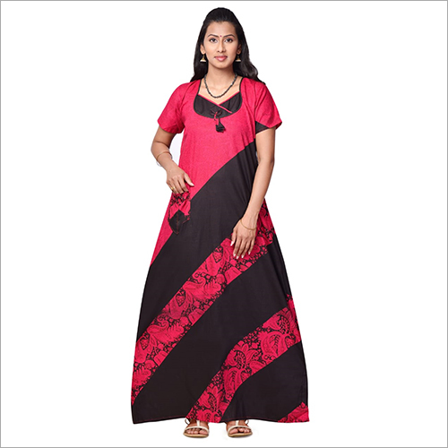 Ladies Printed Long Nighty - Cotton & Rayon Blend, Available in S-XXL Sizes | Breathable, Washable, Multicolor Design for Summer Comfort