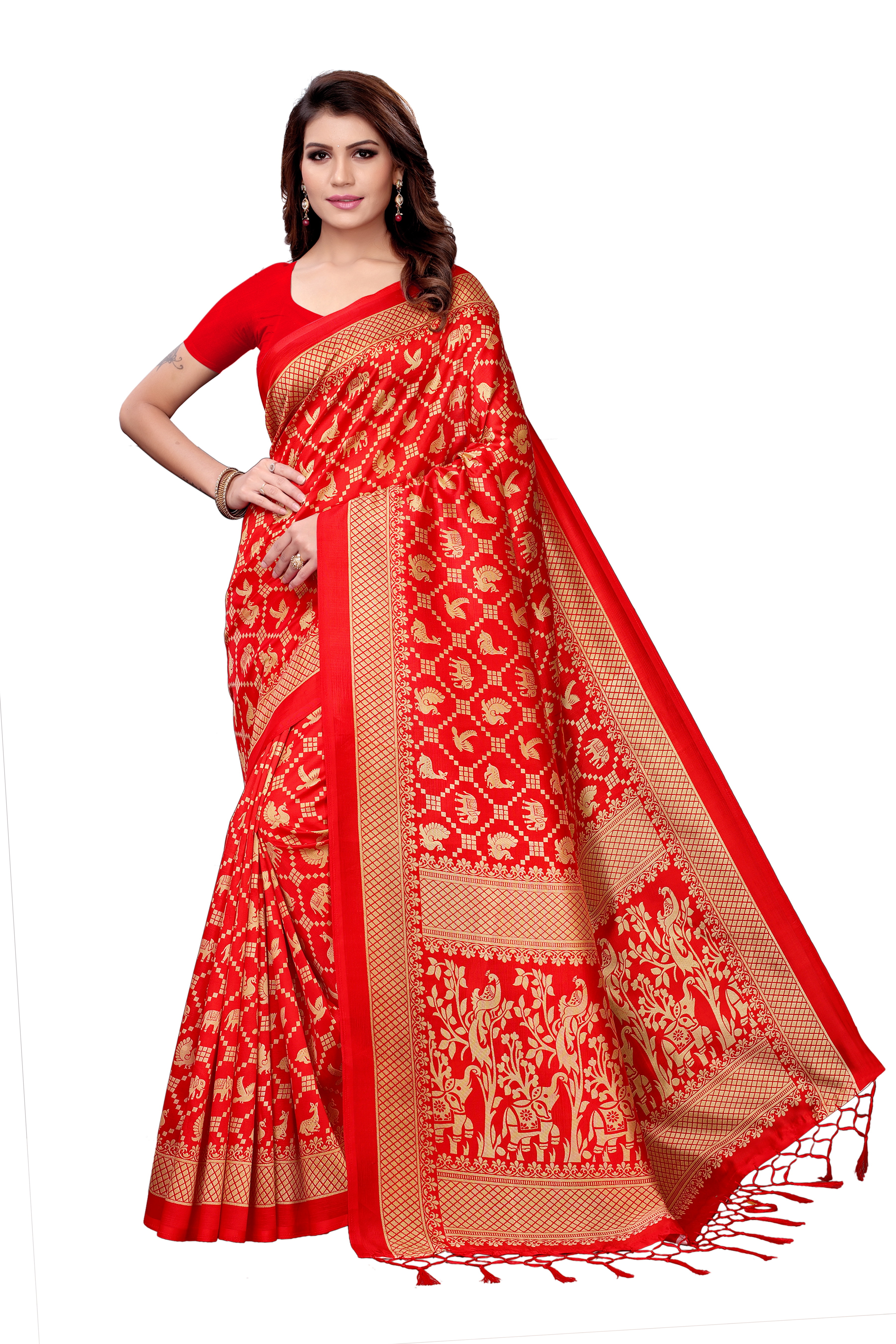 New Small Printed Jhalar Style Kalamkari Silk Saree - Cotton Silk, 6.3 Meters With Blouse Piece, Multicolor Design | Suitable For All Seasons, Banarsi Style