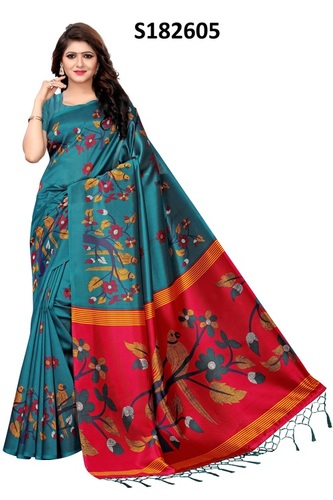 New Big Parrot Print Jhalar Style Kalamkari Silk Saree - Cotton Silk, 6.3 Meter Length With Blouse Piece, Multicolor, Printed Design, Banarsi Style