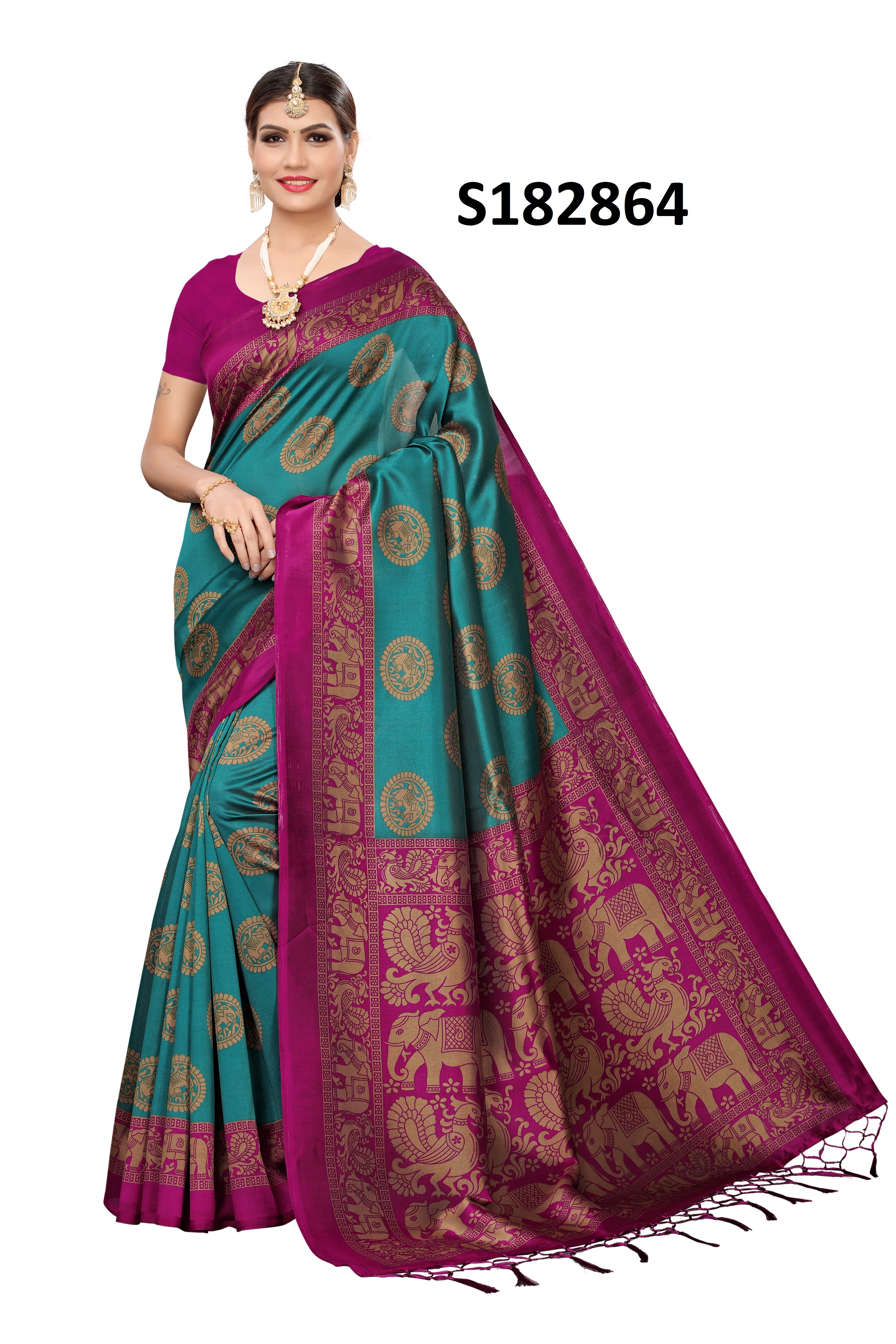 New Elephant Print Mysore Jhalar Style Kalamkari Silk Saree - 6.3 Meters With Blouse Piece, Multicolor Printed Design, Lightweight Cotton Silk Fabric