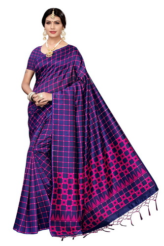 New Bollywood Style Full Checks Jhalar Style Kalamkari Saree - Cotton Silk, 6.3 Meter Length With Blouse Piece, Multicolor Printed Pattern, Banarsi Style