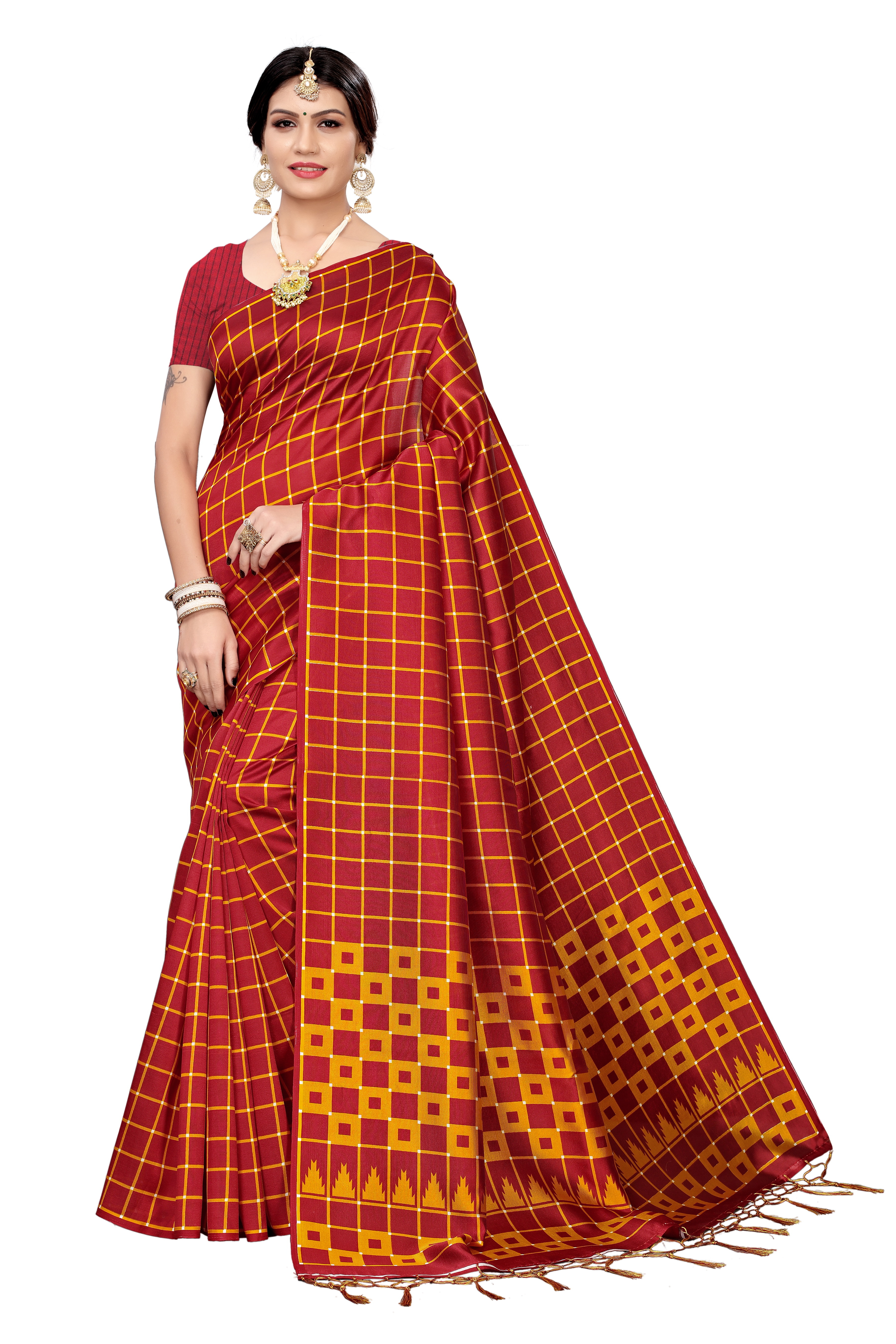 New Bollywood Style Full Checks Jhalar Style Kalamkari Saree - Cotton Silk, 6.3 Meter Length With Blouse Piece, Multicolor Printed Pattern, Banarsi Style