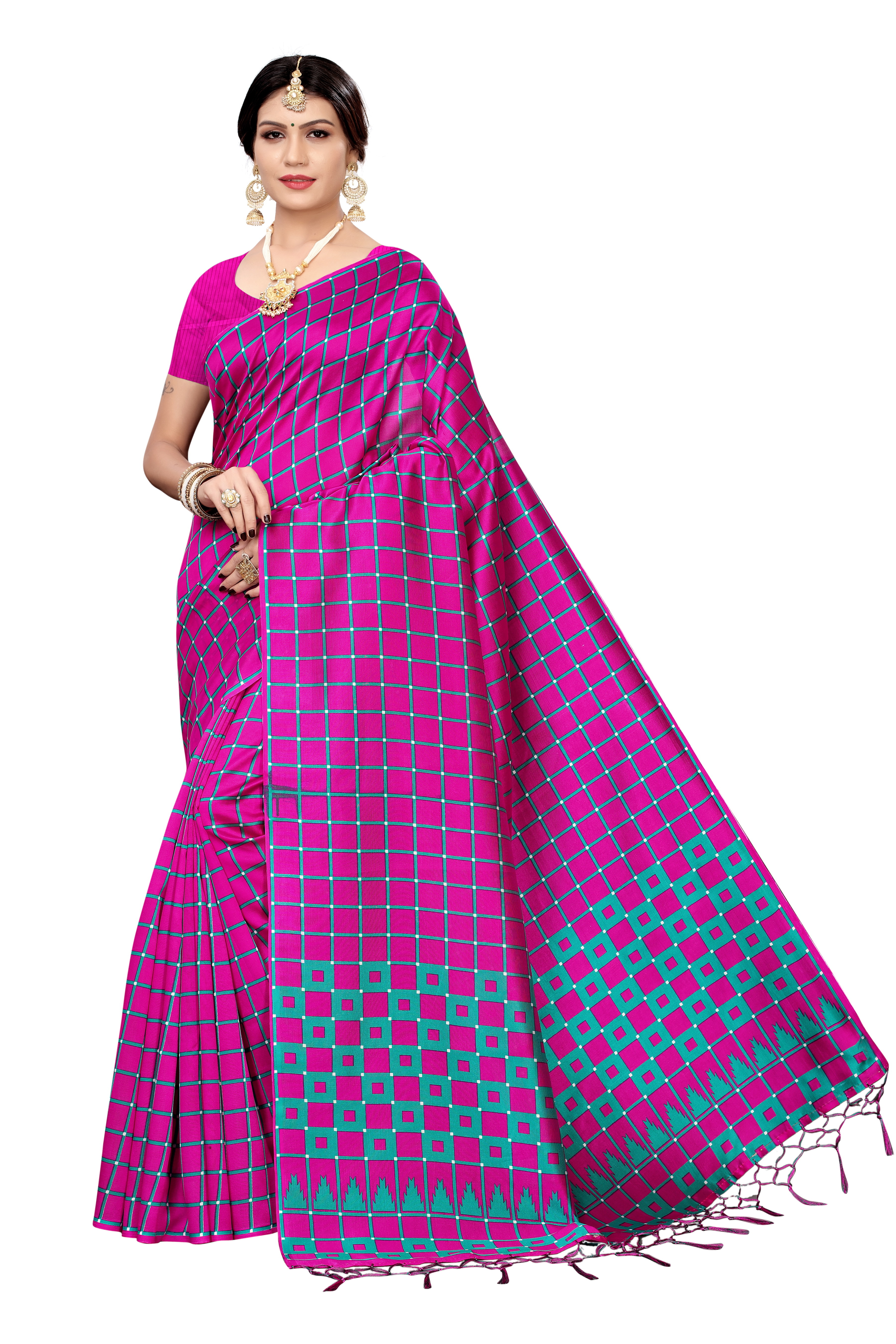 New Bollywood Style Full Checks Jhalar Style Kalamkari Saree - Cotton Silk, 6.3 Meter Length With Blouse Piece, Multicolor Printed Pattern, Banarsi Style