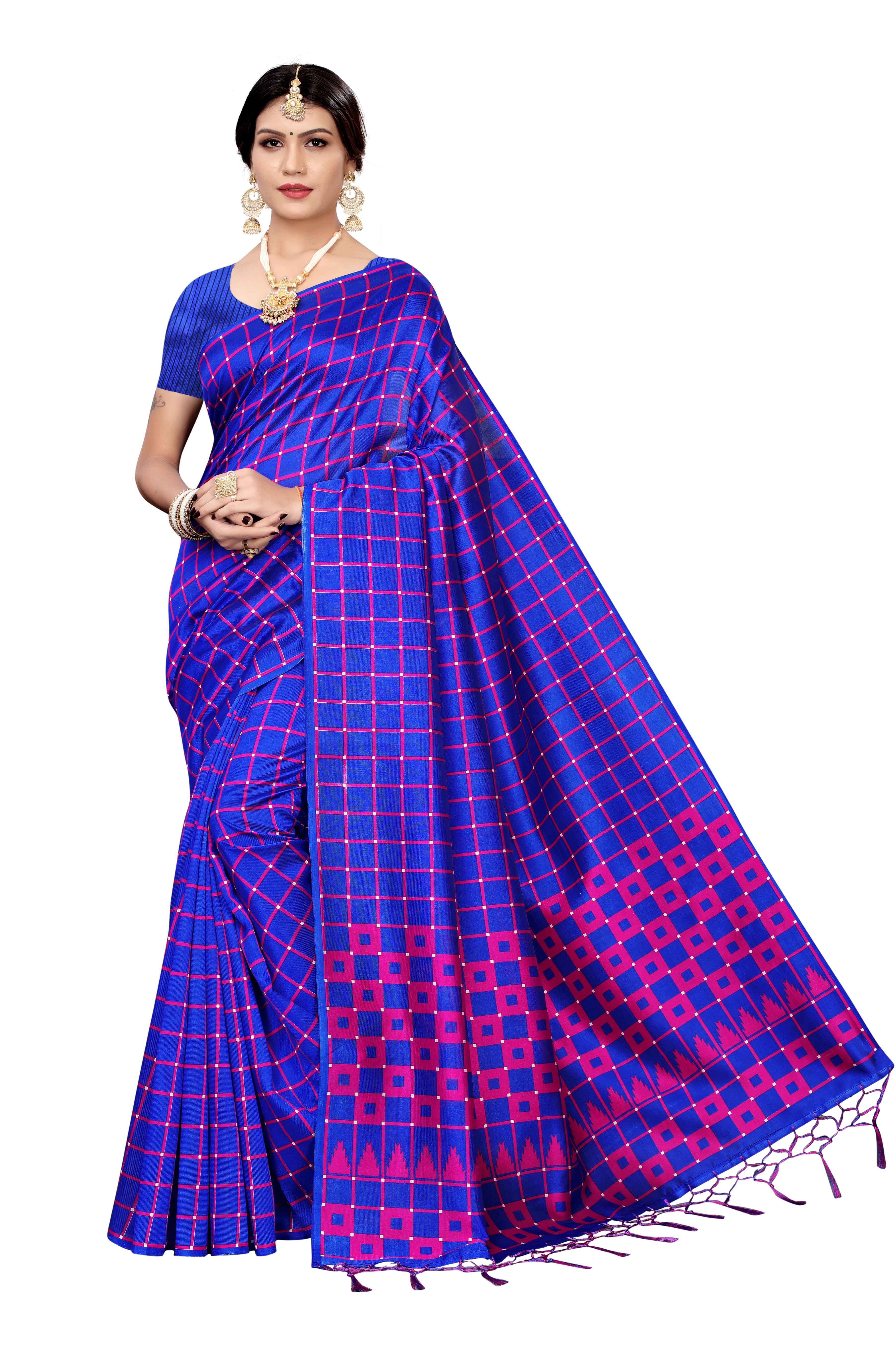 New Bollywood Style Full Checks Jhalar Style Kalamkari Saree - Cotton Silk, 6.3 Meter Length With Blouse Piece, Multicolor Printed Pattern, Banarsi Style