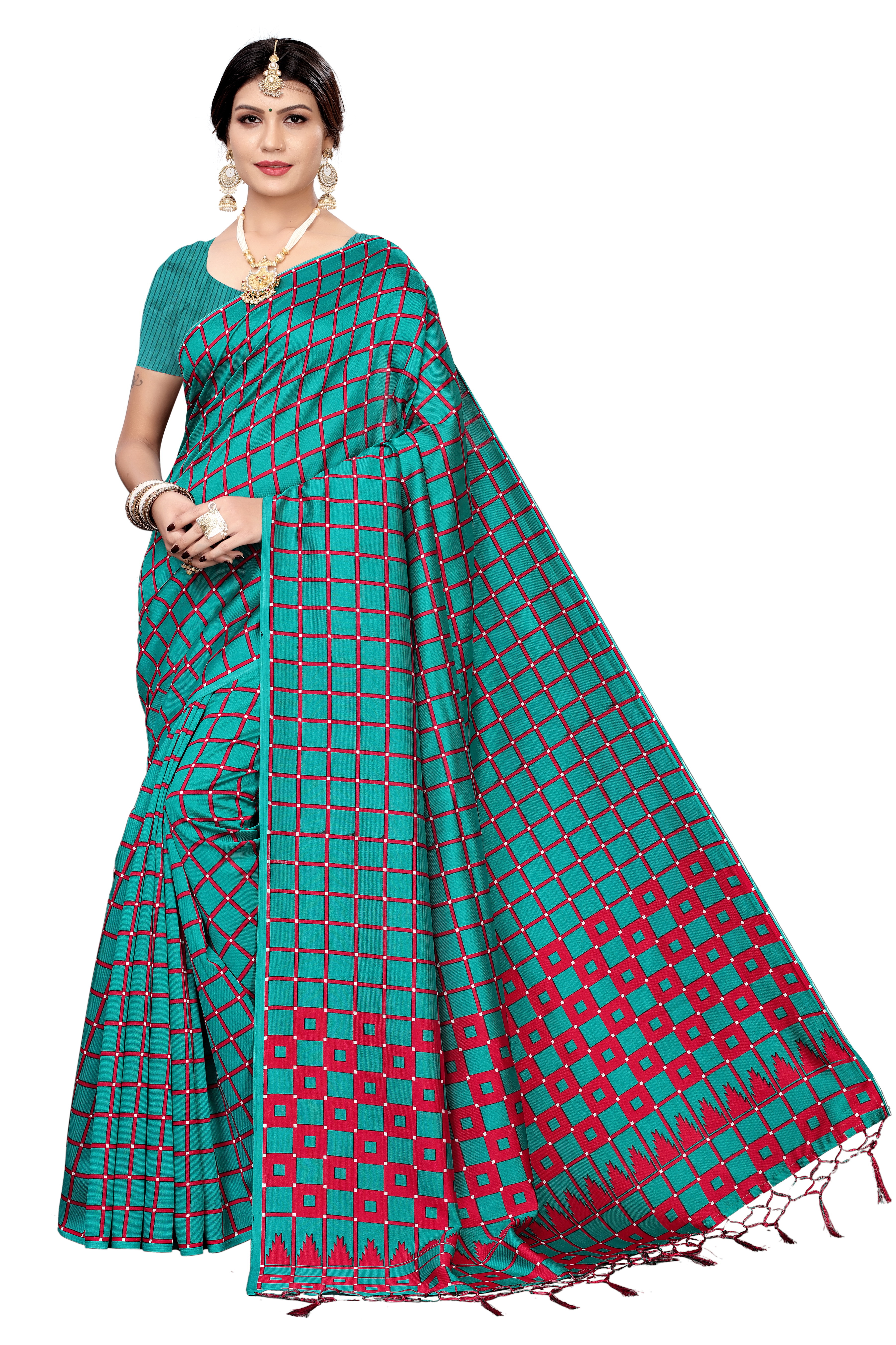New Bollywood Style Full Checks Jhalar Style Kalamkari Saree - 6.3 Meter Cotton Silk Fabric, Multicolor Printed Pattern | Versatile For All Seasons, Banarsi Style