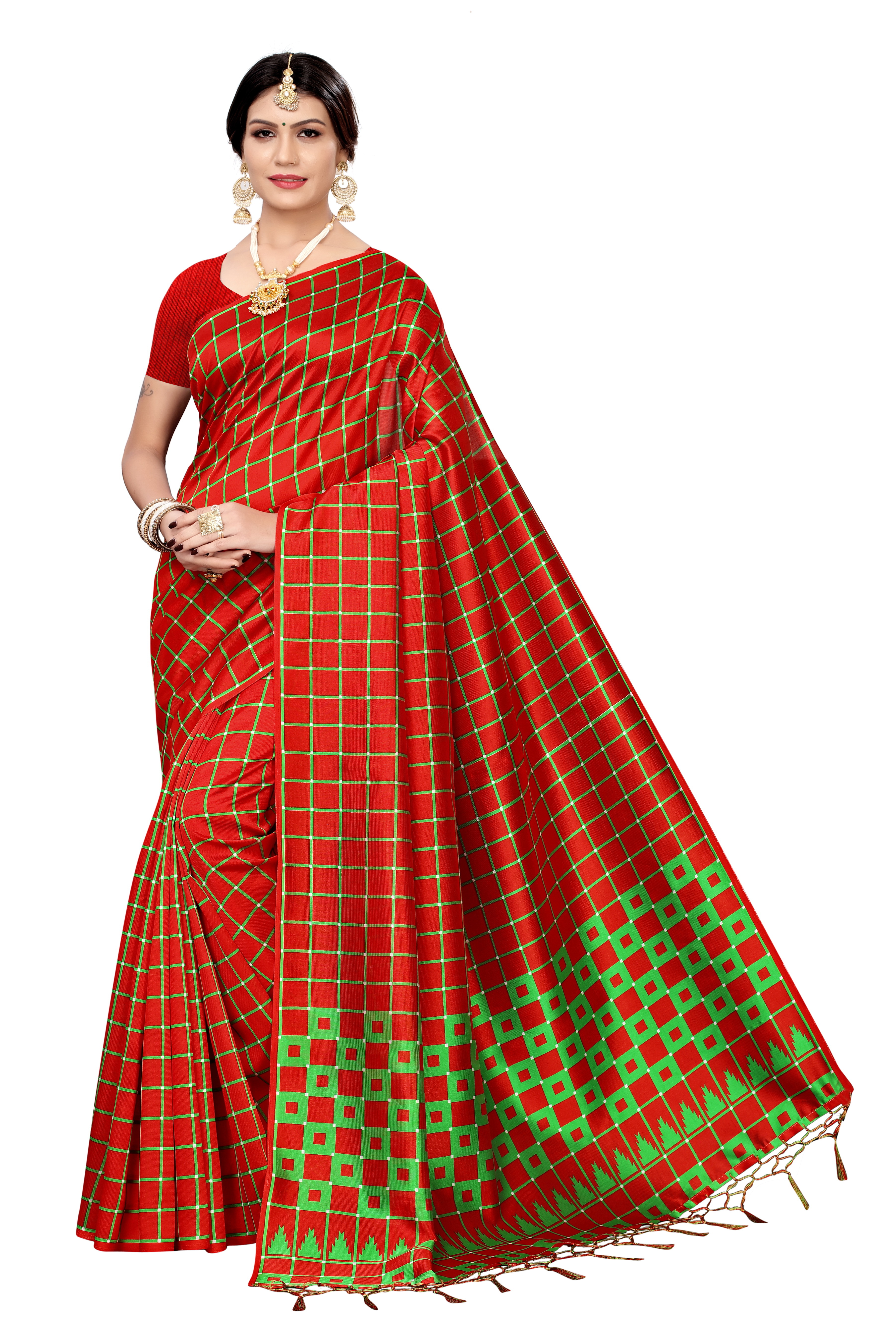 New Bollywood Style Full Checks Jhalar Style Kalamkari Saree - 6.3 Meter Cotton Silk Fabric, Multicolor Printed Pattern | Versatile For All Seasons, Banarsi Style