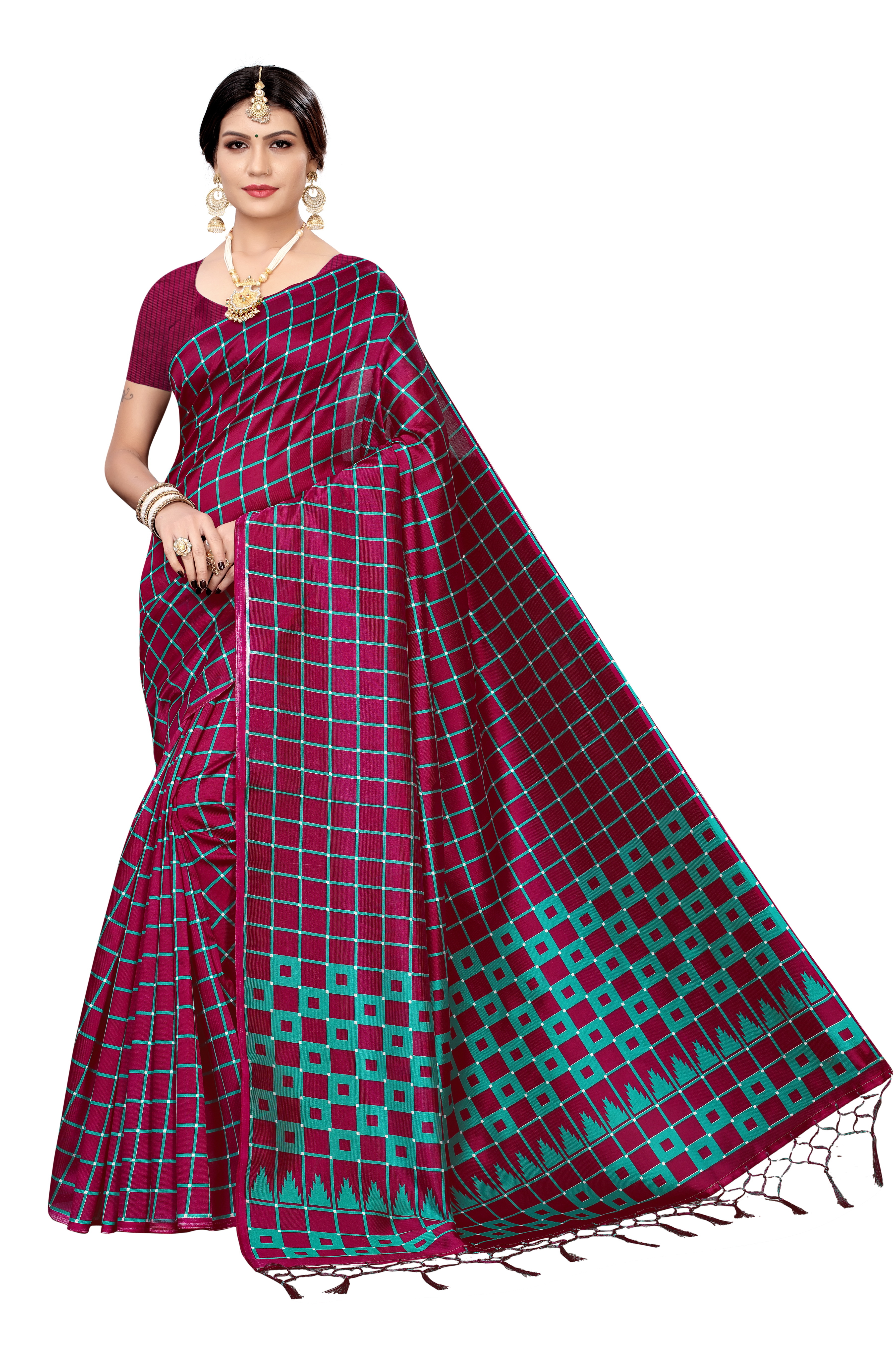 New Bollywood Style Full Checks Jhalar Style Kalamkari Saree - 6.3 Meter Cotton Silk Fabric, Multicolor Printed Pattern | Versatile For All Seasons, Banarsi Style