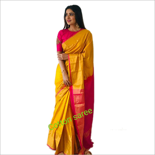 Cotton Saree - 5.5 Meters Length, 1.15 Meters Width | Yellow Cotton with Pink Border, Includes Blouse Piece
