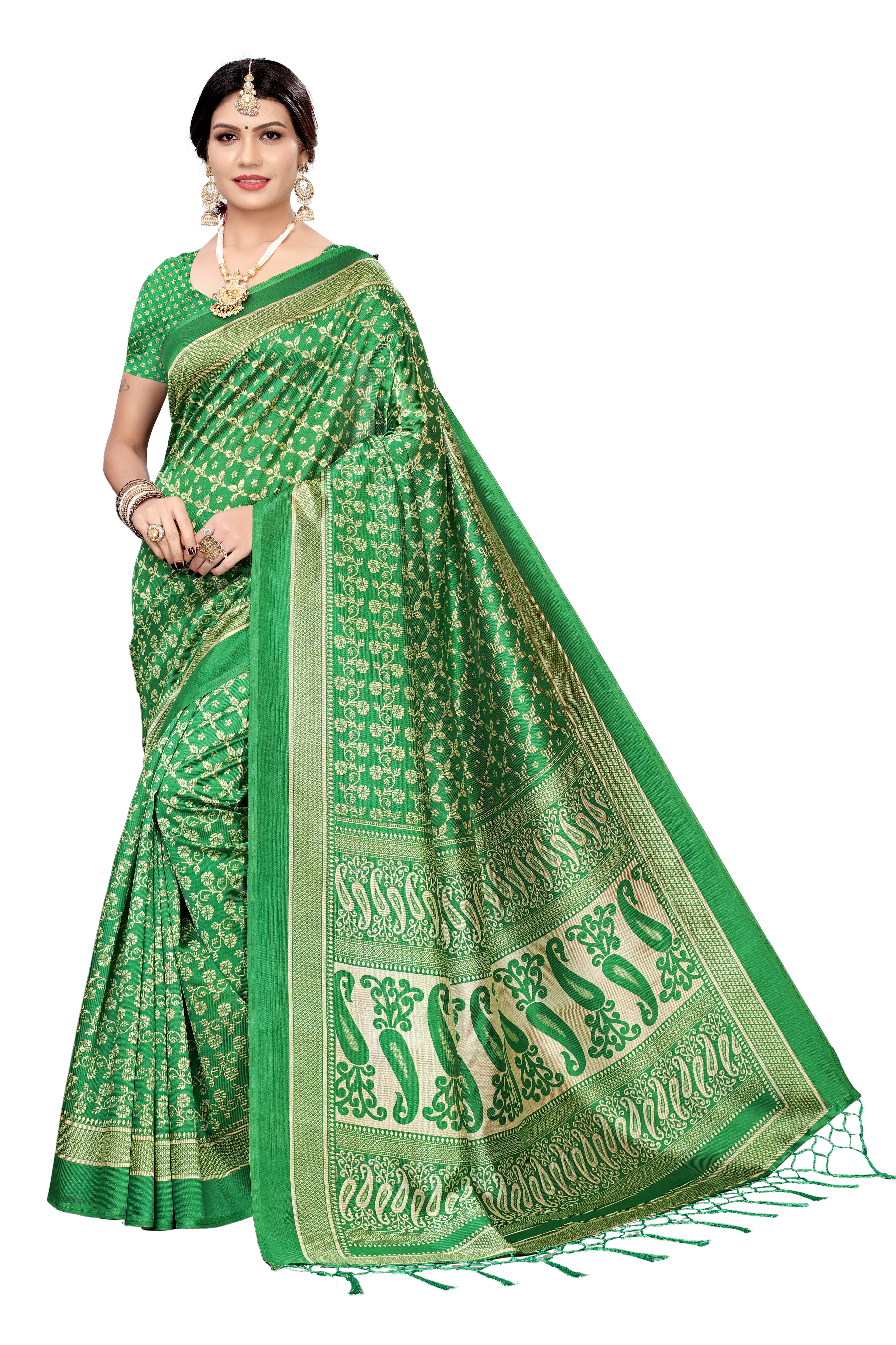 New Banarasi Silk Jhalar Style Kalamkari Saree - Cotton Silk, 6.3 Meter Length With Blouse Piece, Multicolor Printed Design | Ideal For All Seasons