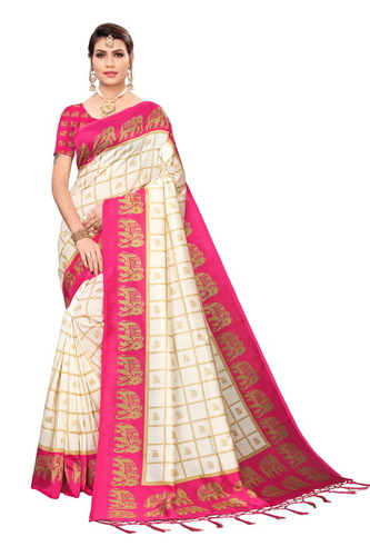 New Checks & Elephant Print Design Jhalar Style in Kalamkari Saree - Cotton Silk, 6.3 Meter Length With Blouse Piece, Multicolor | Patterned for All Seasons