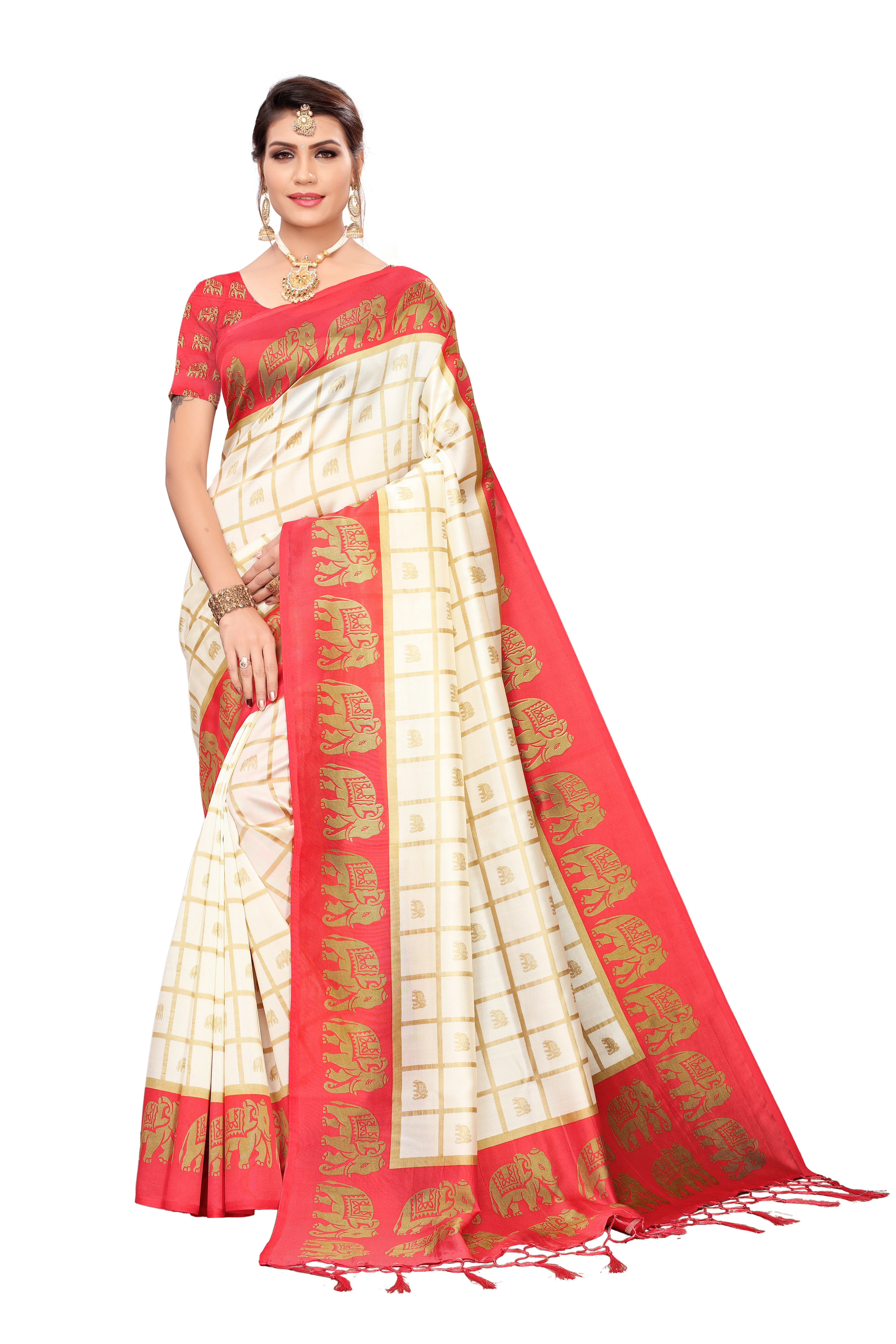 New Checks & Elephant Print Design Jhalar Style In Kalamkari Saree - Cotton Silk, 6.3 Meter Length With Blouse Piece, Multicolor | Patterned For All Seasons